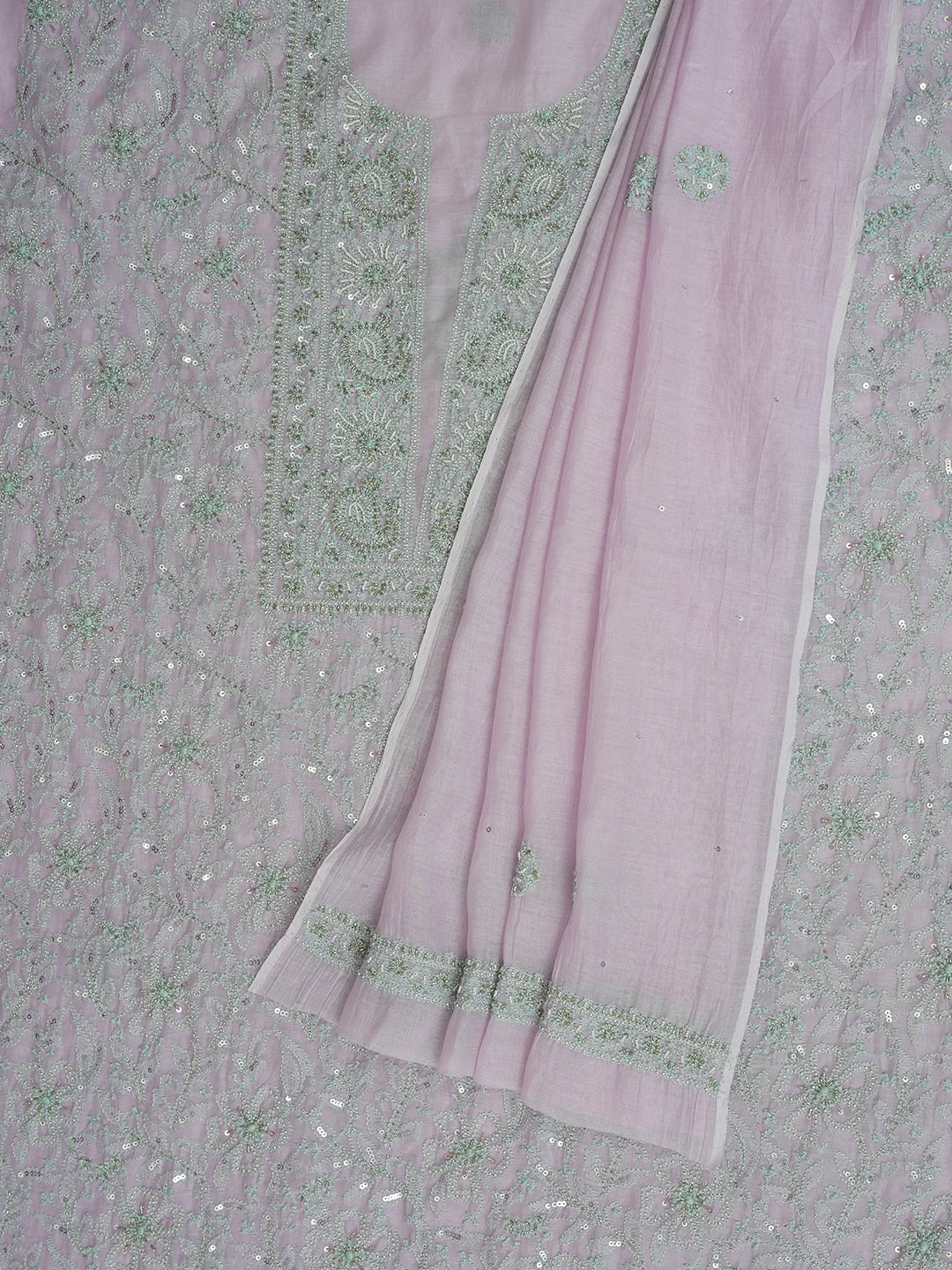 Ada Hand Embroidered Lavender Chanderi Lucknowi Chikankari Unstitched Kurta Dupatta Set With Cutdana Work 01A610212