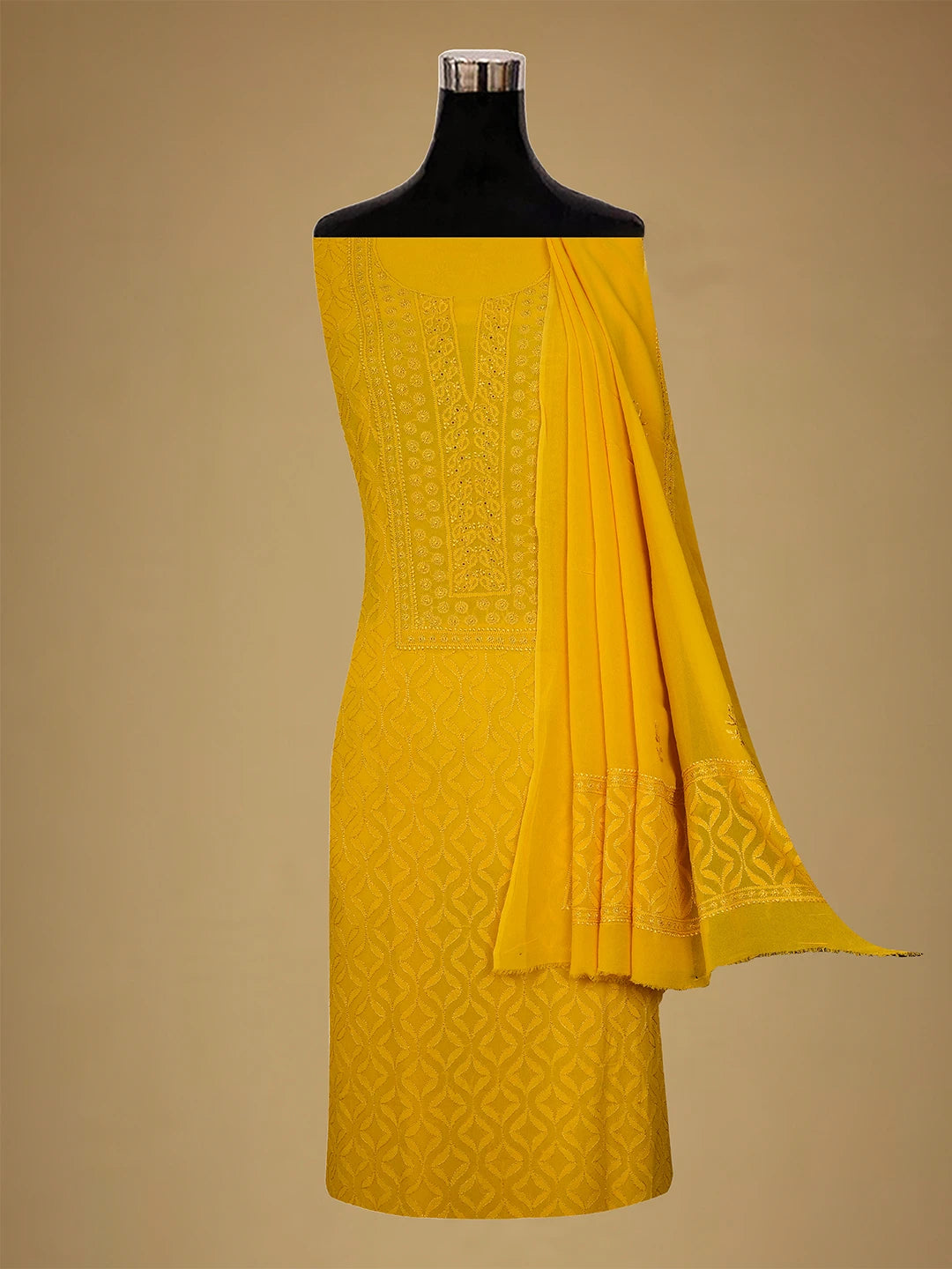 Ada Hand Embroidered Yellow Pure Georgette Lucknowi Chikankari Unstitched Kurta Dupatta Set 01A359284
