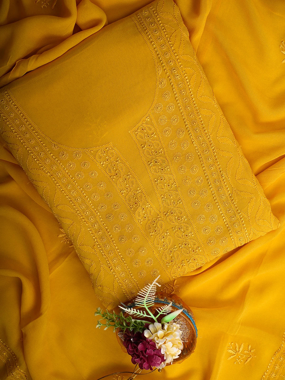 Ada Hand Embroidered Yellow Pure Georgette Lucknowi Chikankari Unstitched Kurta Dupatta Set 01A359284