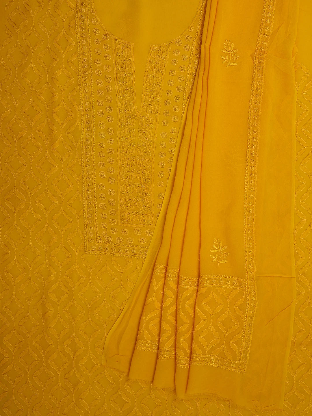 Ada Hand Embroidered Yellow Pure Georgette Lucknowi Chikankari Unstitched Kurta Dupatta Set 01A359284