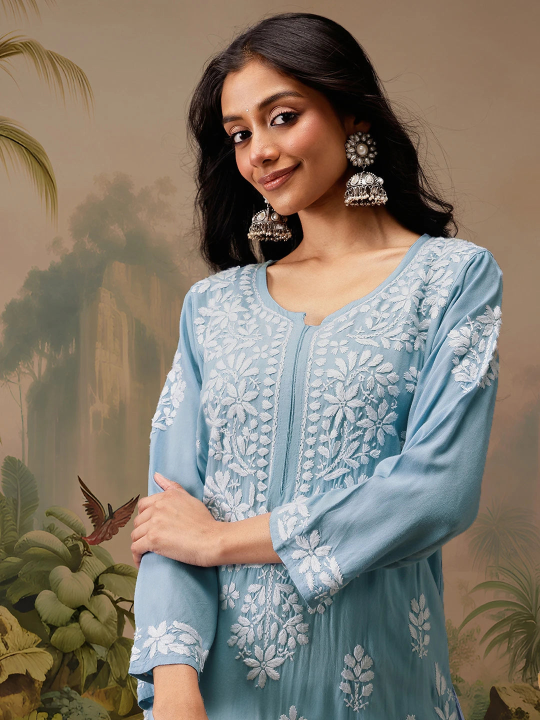 Ada Hand Embroidered Ink Blue Rayon Lucknowi Chikankari Straight Kurta A411725