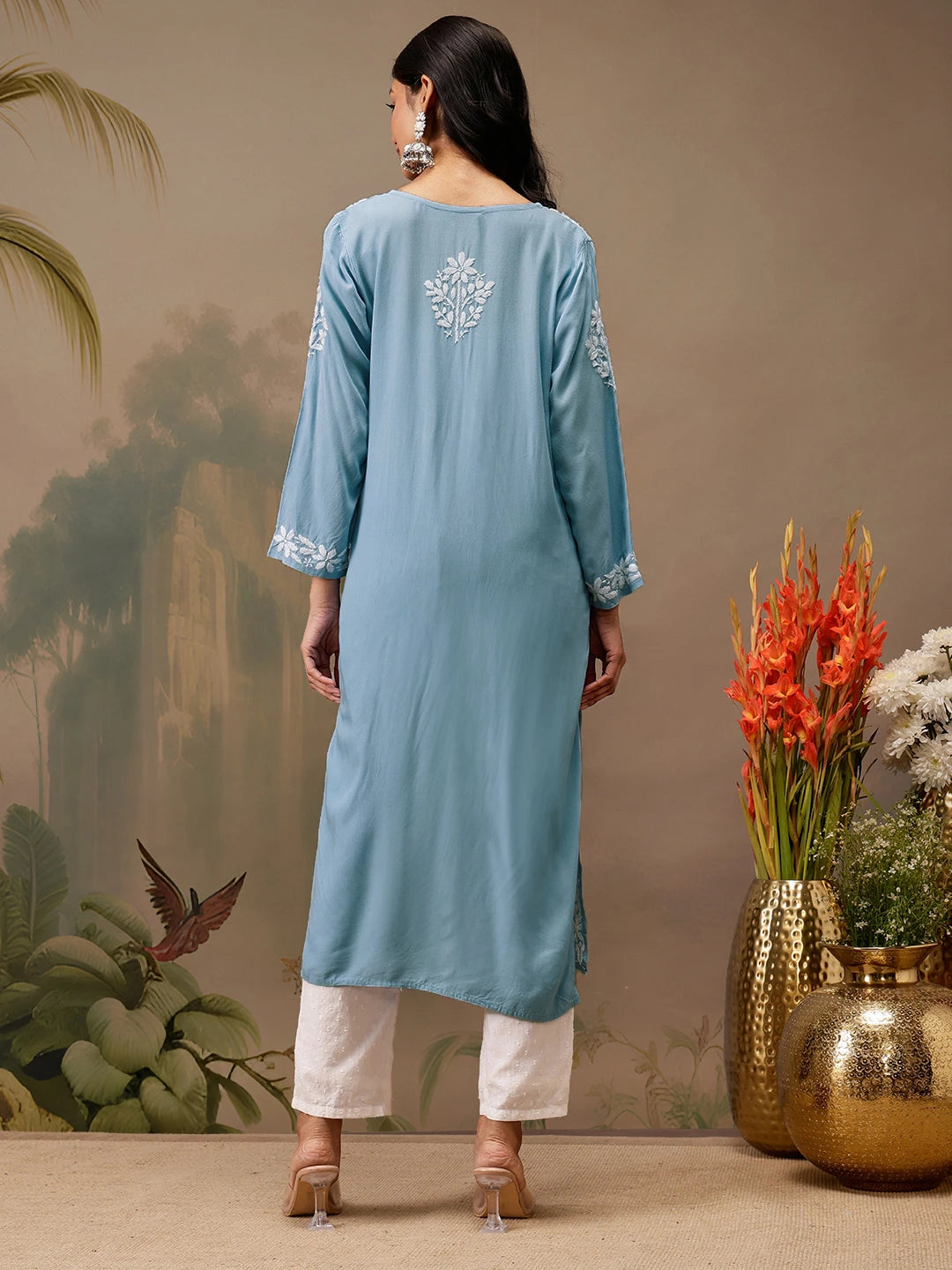 Ada Hand Embroidered Ink Blue Rayon Lucknowi Chikankari Straight Kurta A411725