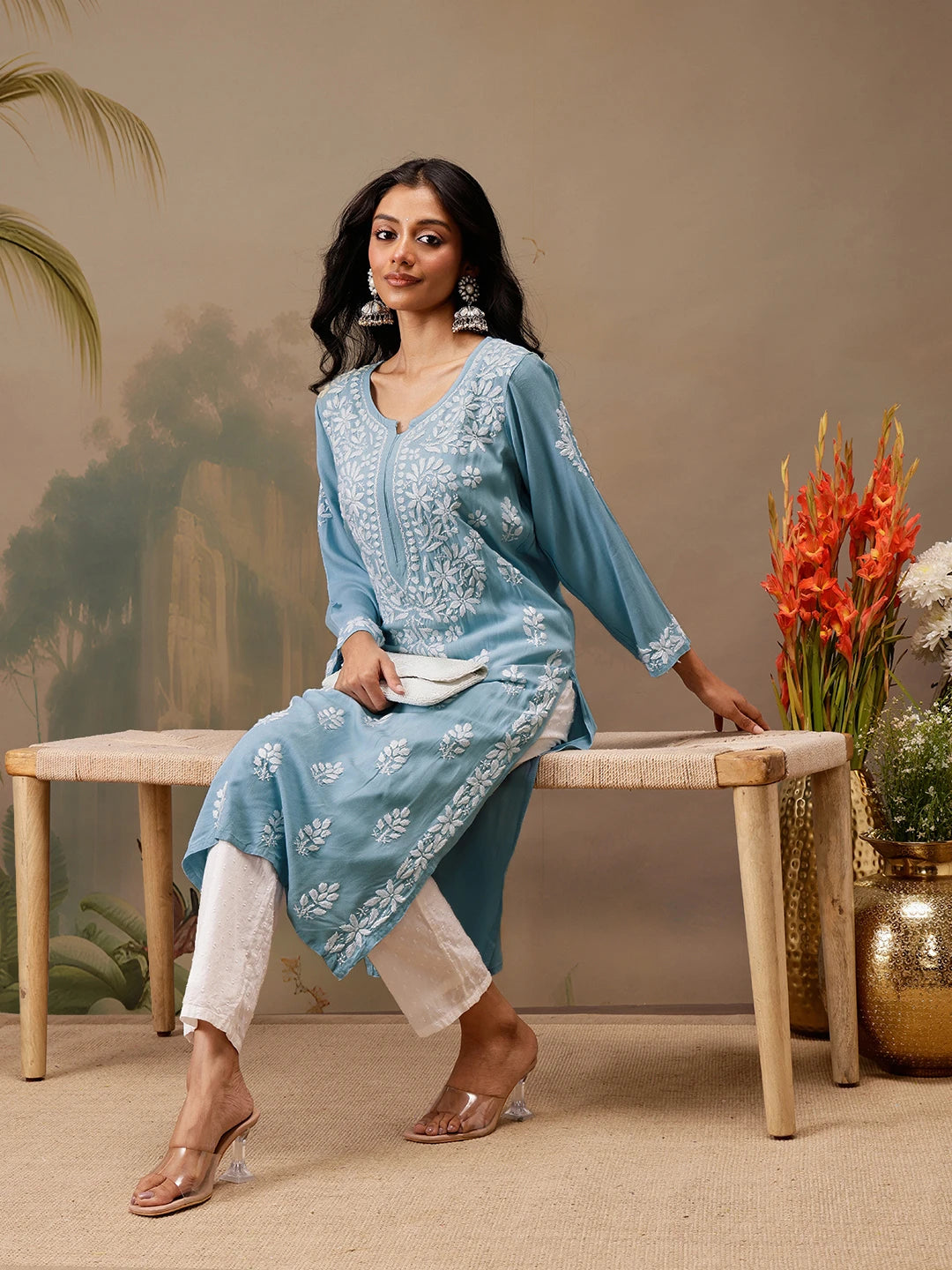 Ada Hand Embroidered Ink Blue Rayon Lucknowi Chikankari Straight Kurta A411725