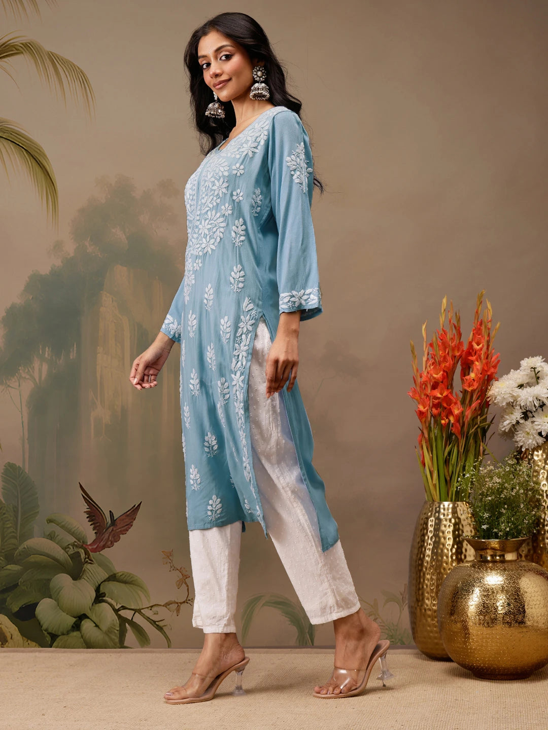 Ada Hand Embroidered Ink Blue Rayon Lucknowi Chikankari Straight Kurta A411725