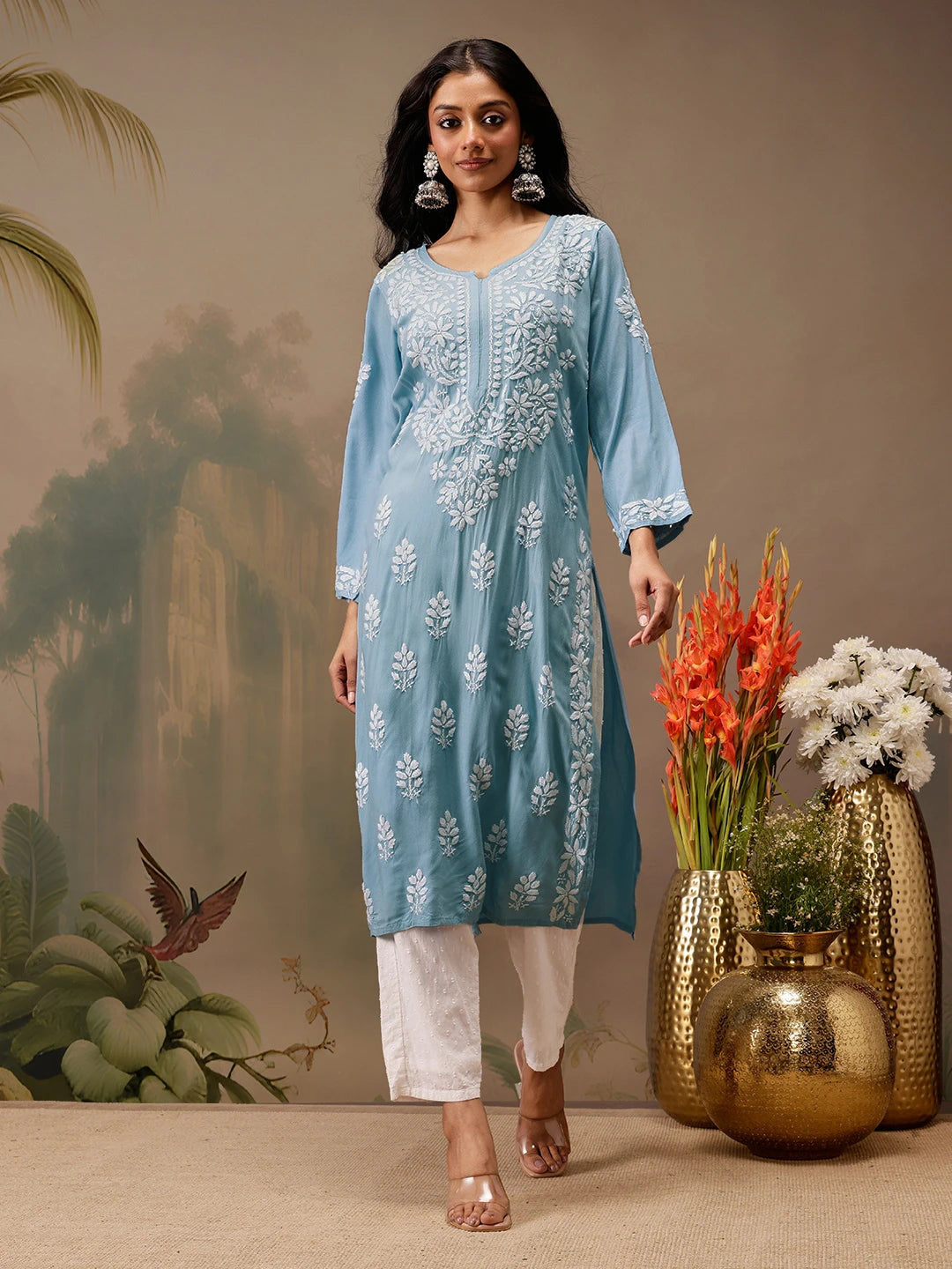 Ada Hand Embroidered Ink Blue Rayon Lucknowi Chikankari Straight Kurta A411725