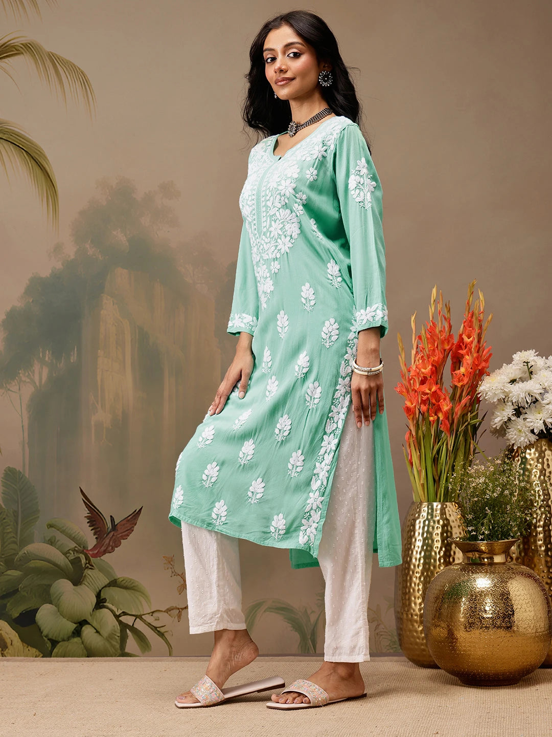 Ada Hand Embroidered Sea Green Rayon Lucknowi Chikankari Straight Kurta A411728
