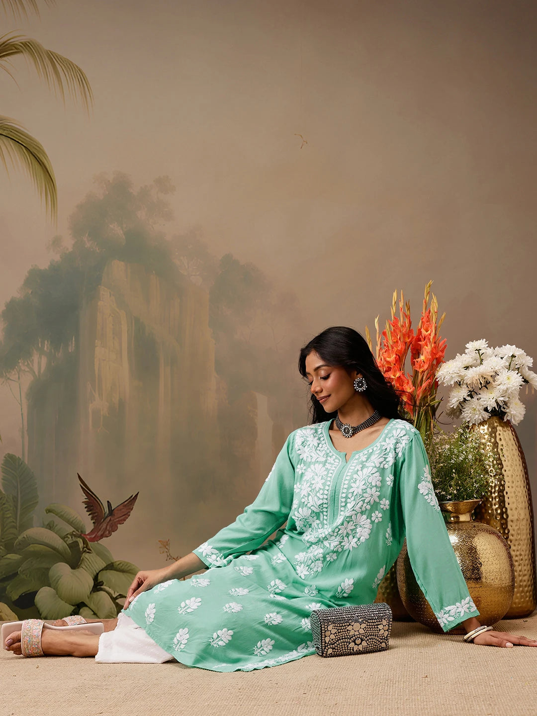 Ada Hand Embroidered Sea Green Rayon Lucknowi Chikankari Straight Kurta A411728