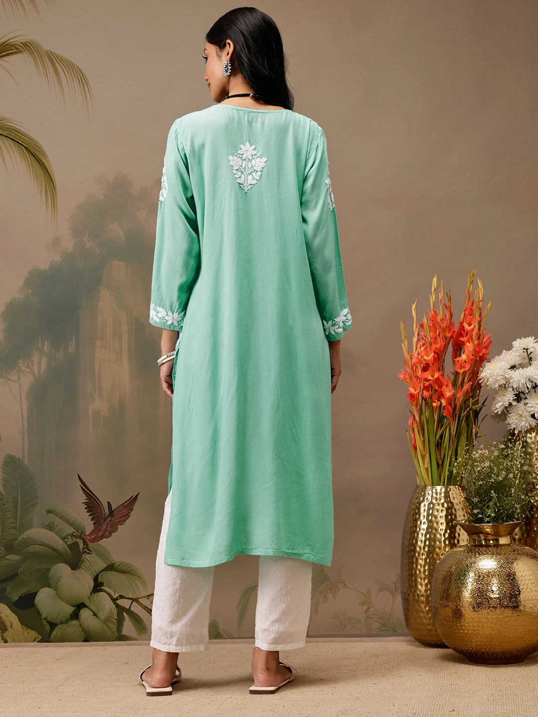 Ada Hand Embroidered Sea Green Rayon Lucknowi Chikankari Straight Kurta A411728