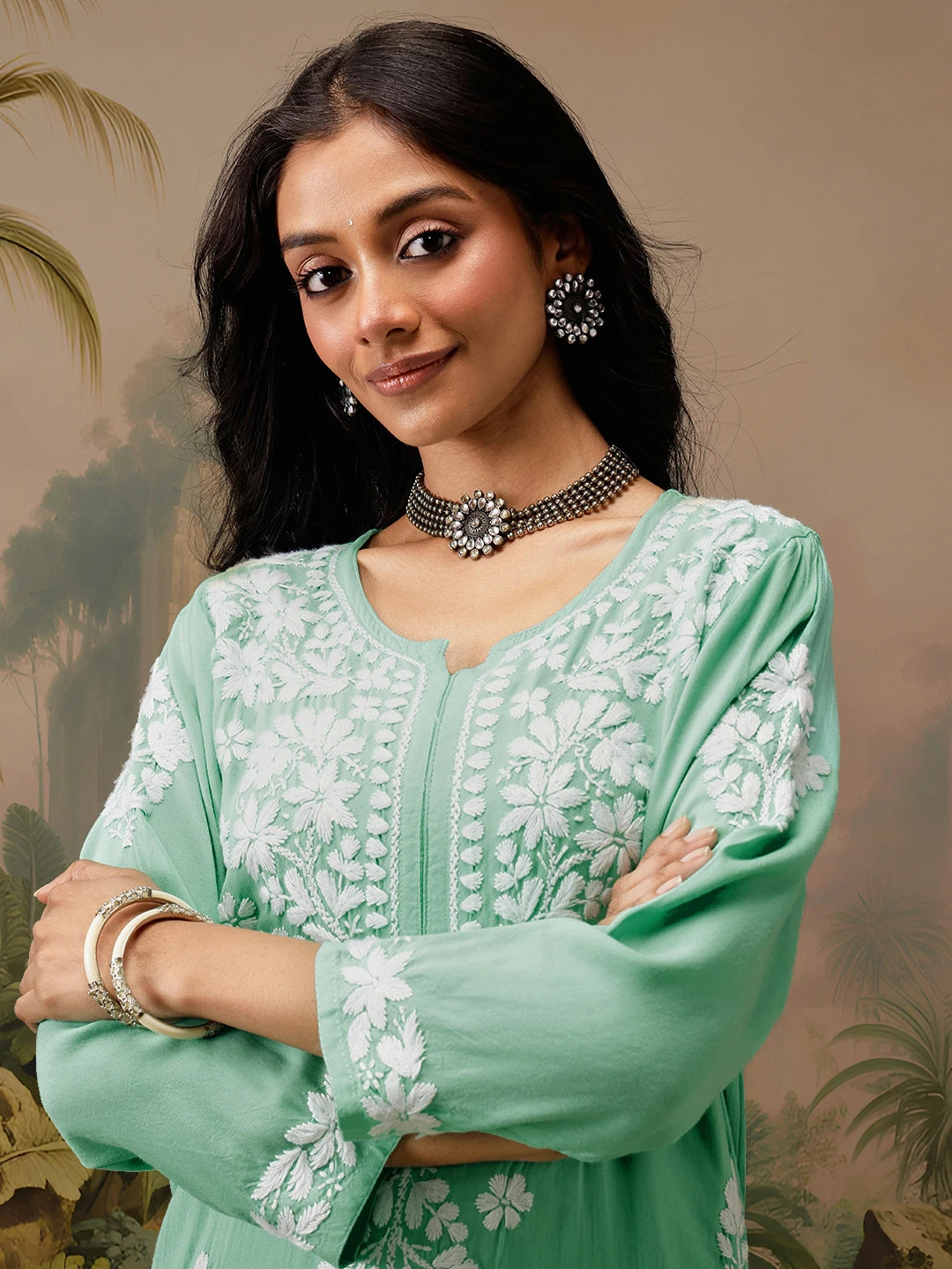Ada Hand Embroidered Sea Green Rayon Lucknowi Chikankari Straight Kurta A411728