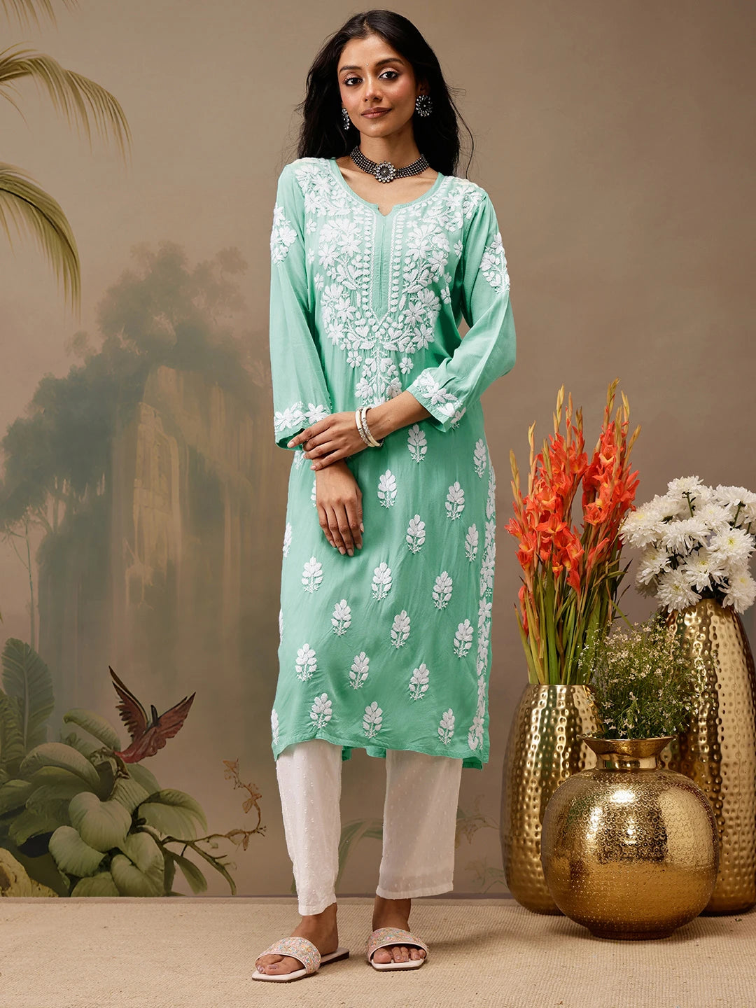 Ada Hand Embroidered Sea Green Rayon Lucknowi Chikankari Straight Kurta A411728