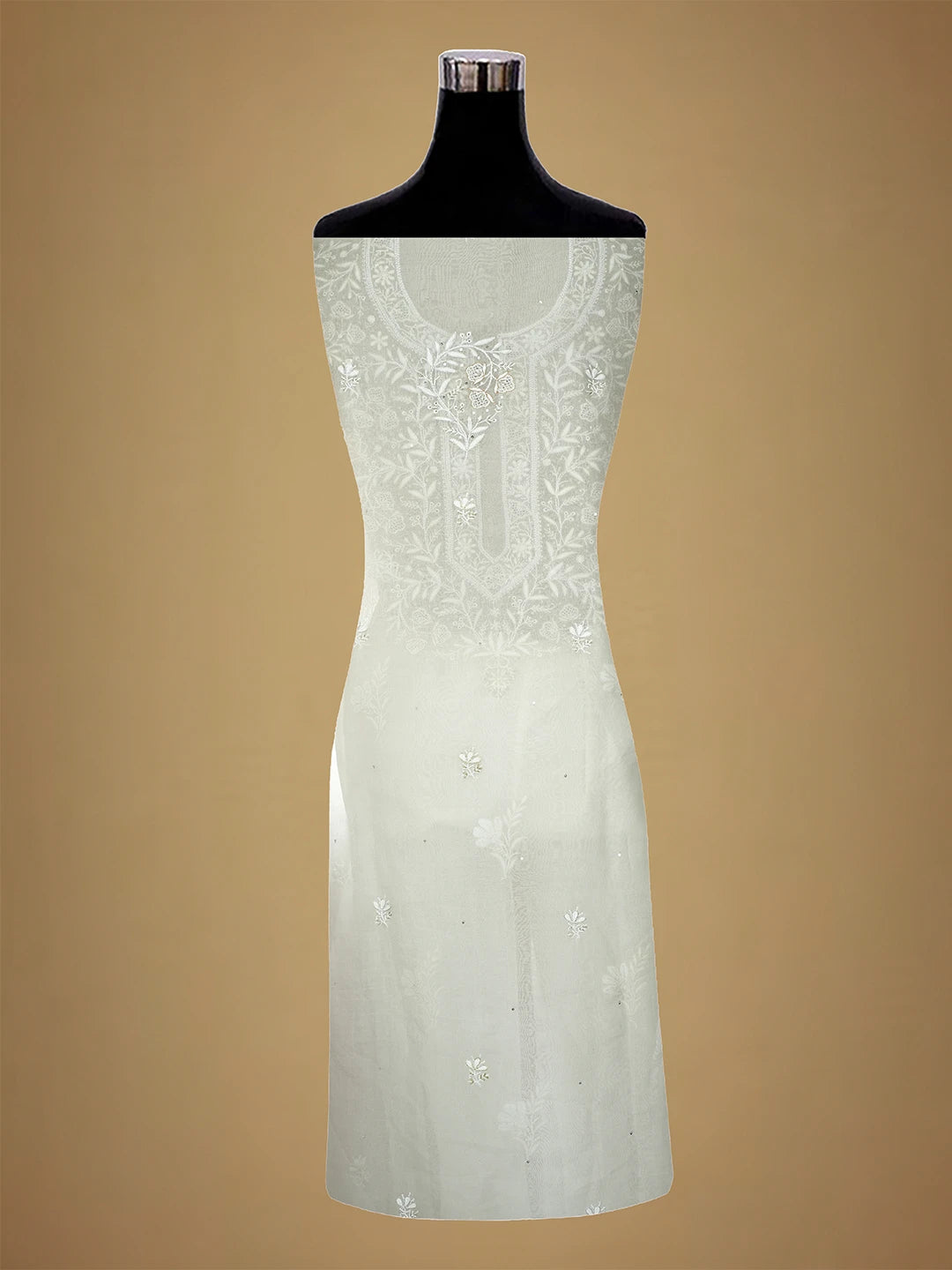 Ada Hand Embroidered White Organza Lucknowi Chikankari Unstitched Kurta Dupatta Set With Cutdana Work 01A590982