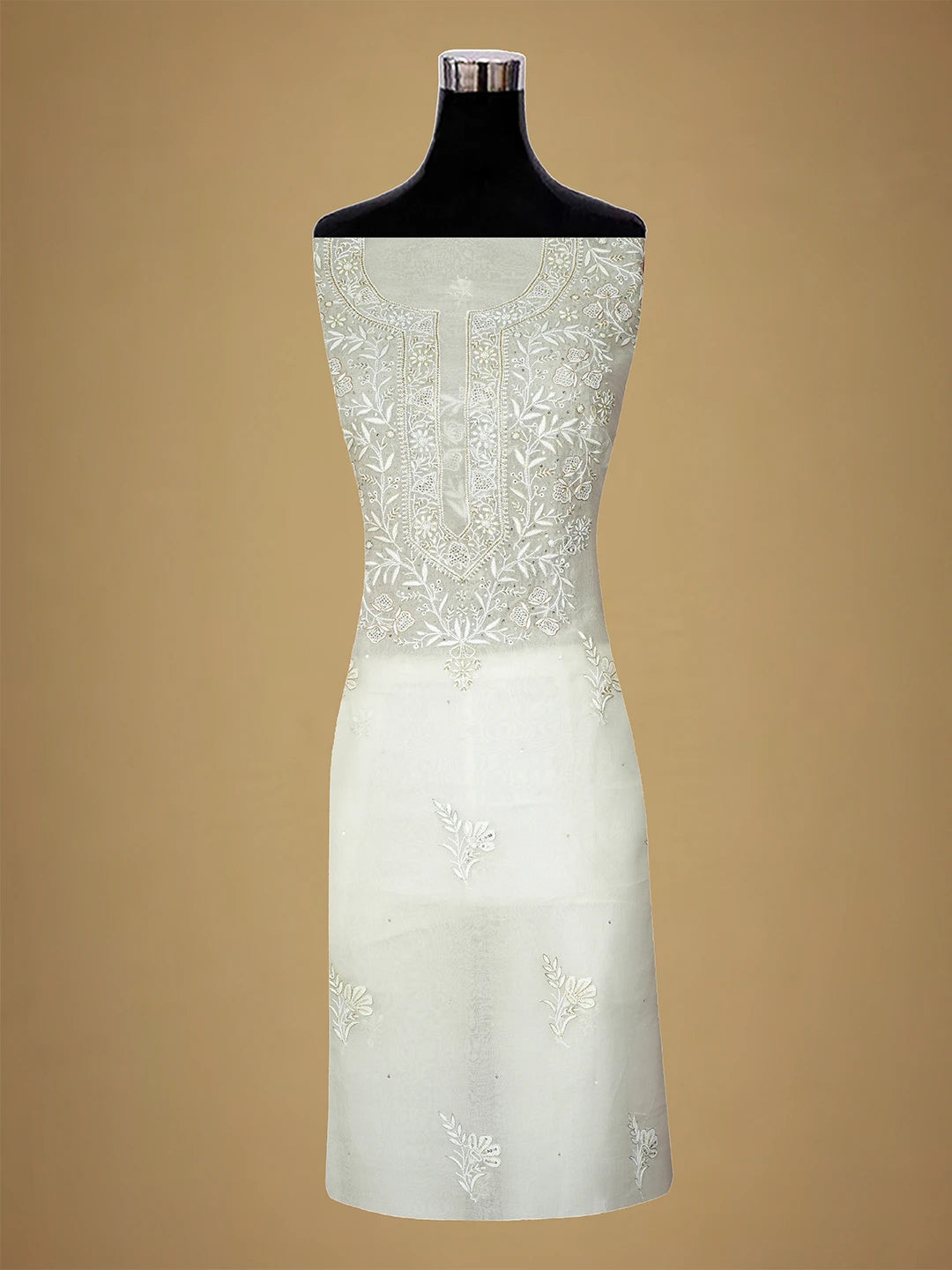 Ada Hand Embroidered White Organza Lucknowi Chikankari Unstitched Kurta Dupatta Set With Cutdana Work 01A590982