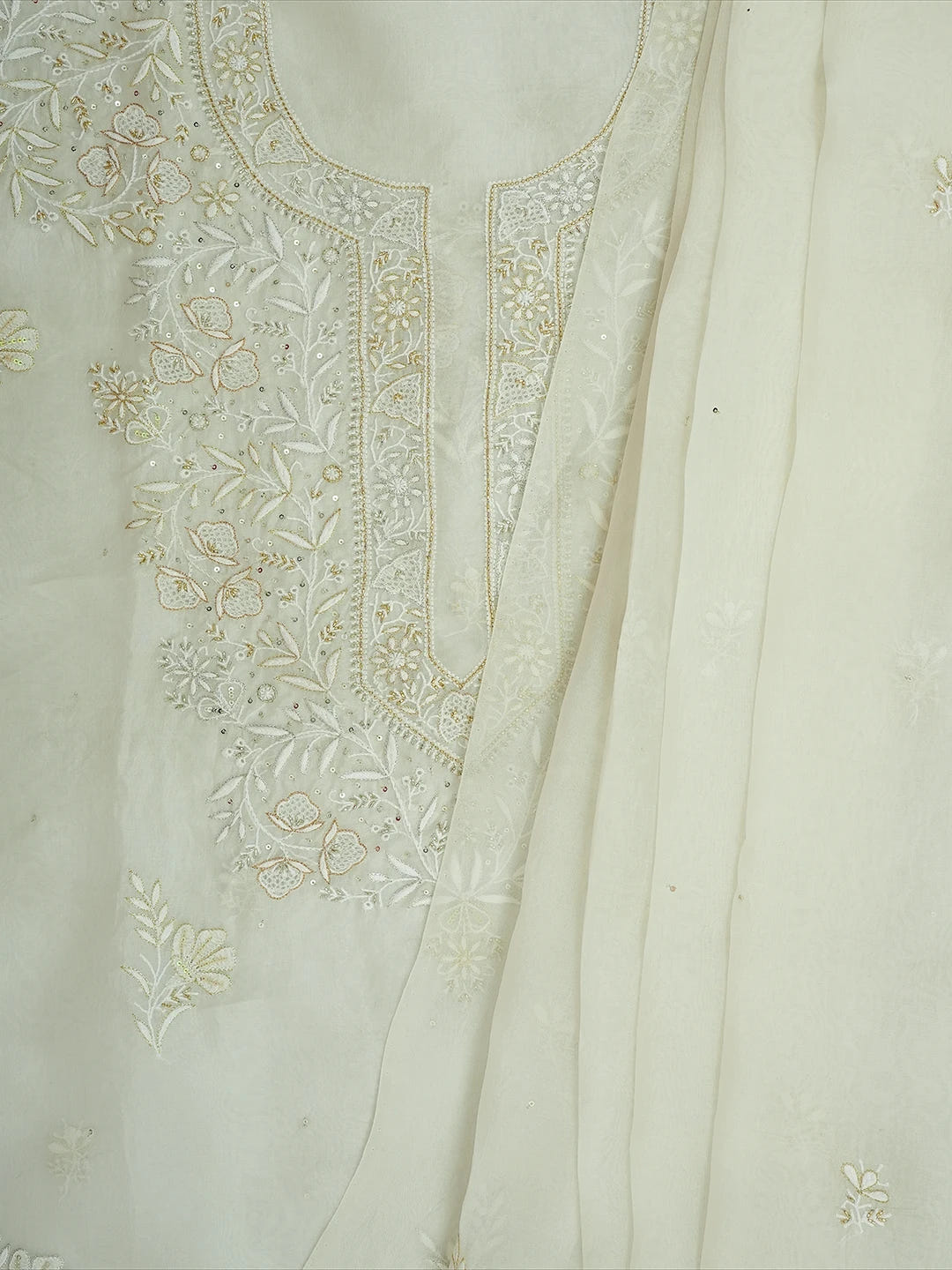 Ada Hand Embroidered White Organza Lucknowi Chikankari Unstitched Kurta Dupatta Set With Cutdana Work 01A590982