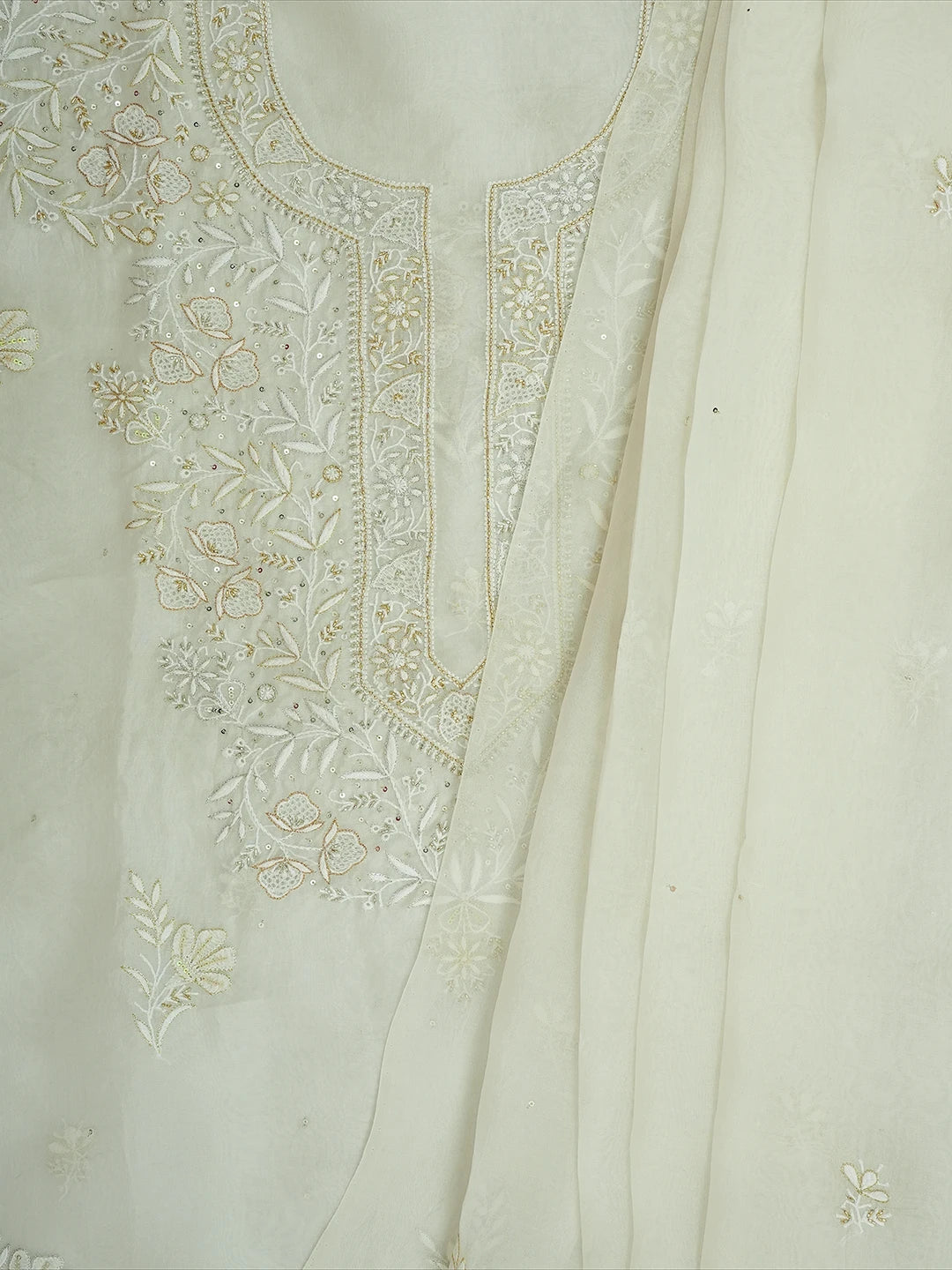Ada Hand Embroidered White Organza Lucknowi Chikankari Unstitched Kurta Dupatta Set With Cutdana Work 01A590982