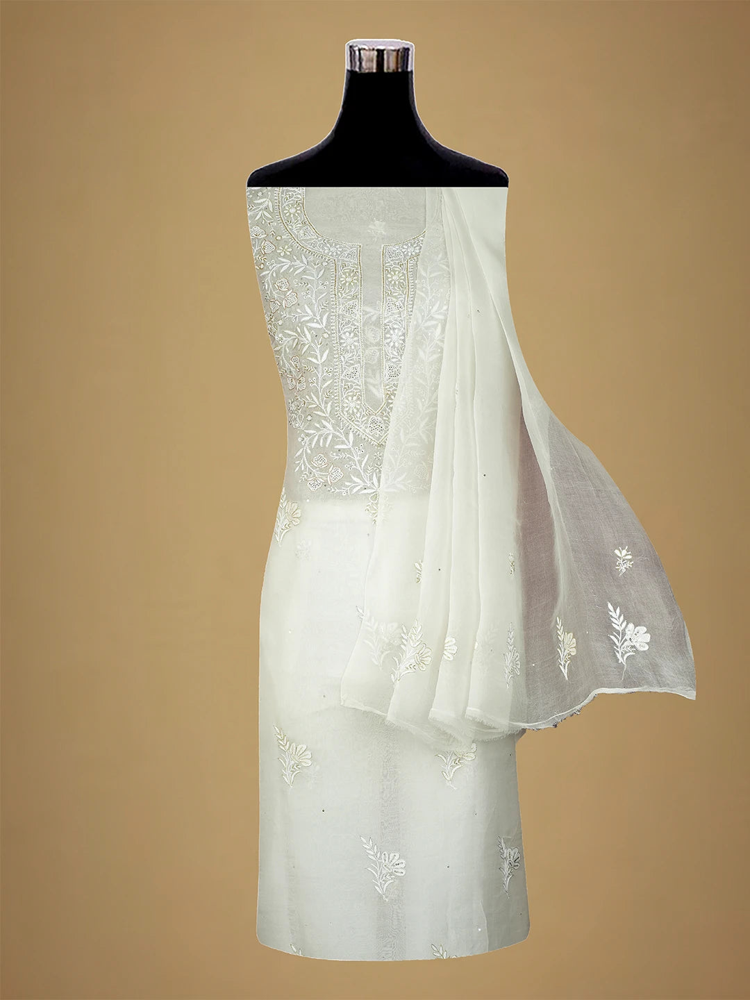 Ada Hand Embroidered White Organza Lucknowi Chikankari Unstitched Kurta Dupatta Set With Cutdana Work 01A590982