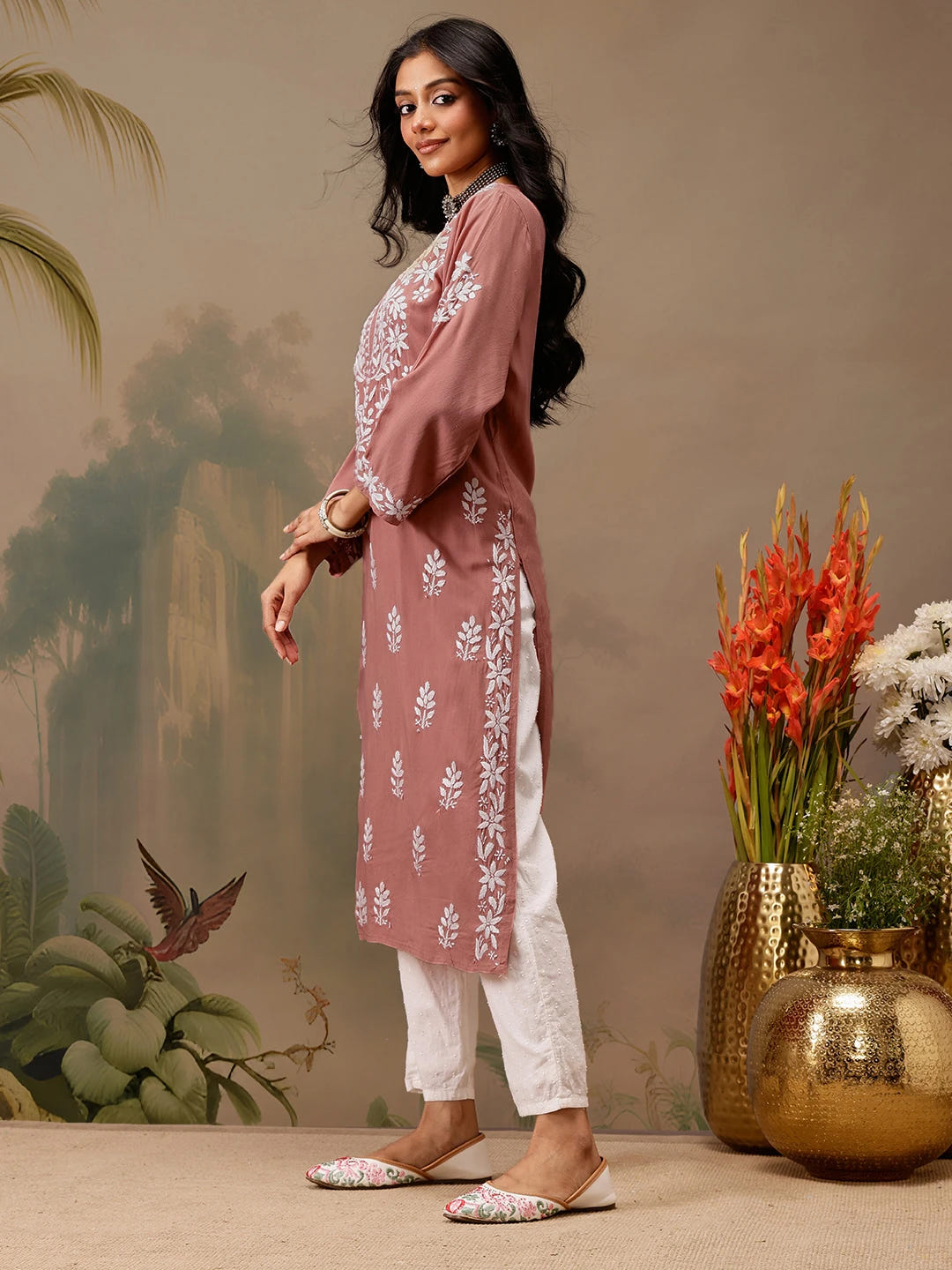 Ada Hand Embroidered Dusty Peach Rayon Lucknowi Chikankari Straight Kurta A411735