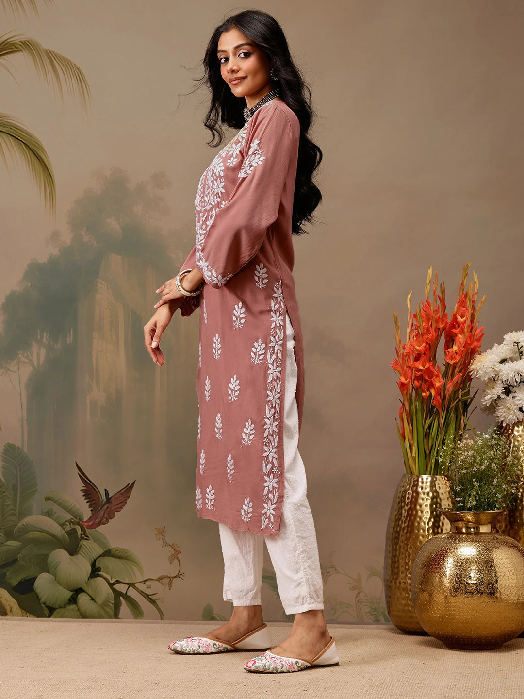 Ada Hand Embroidered Dusty Peach Rayon Lucknowi Chikankari Straight Kurta A411735
