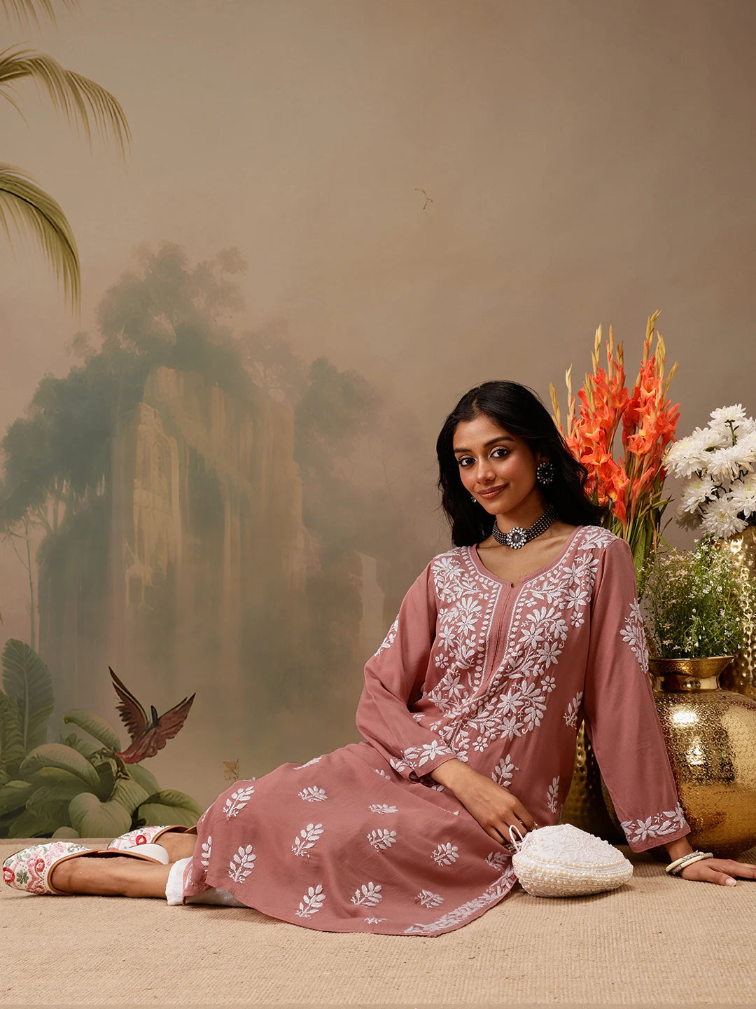 Ada Hand Embroidered Dusty Peach Rayon Lucknowi Chikankari Straight Kurta A411735