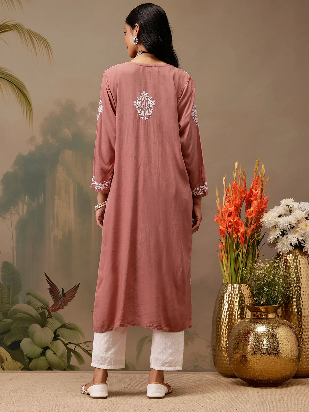 Ada Hand Embroidered Dusty Peach Rayon Lucknowi Chikankari Straight Kurta A411735