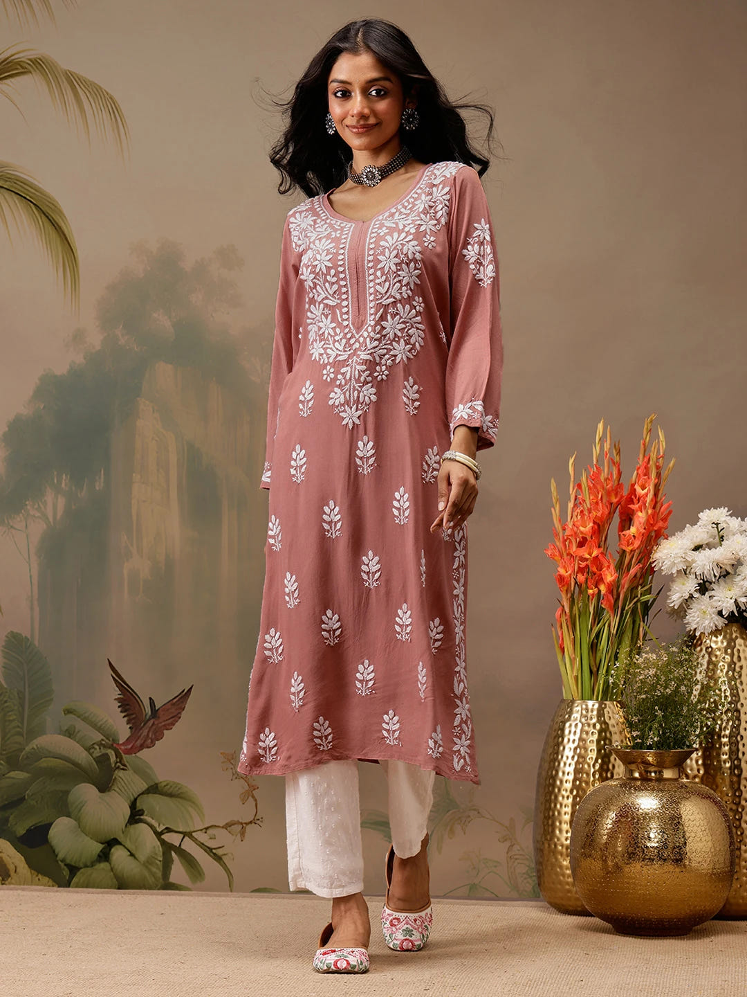 Ada Hand Embroidered Dusty Peach Rayon Lucknowi Chikankari Straight Kurta A411735