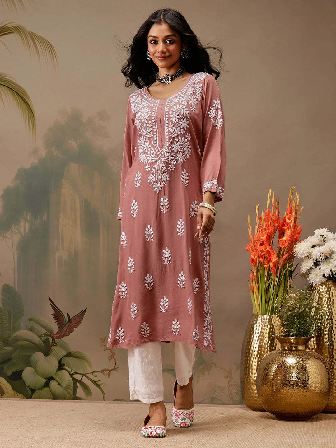 Ada Hand Embroidered Dusty Peach Rayon Lucknowi Chikankari Straight Kurta A411735