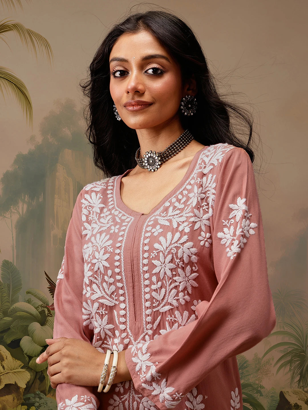 Ada Hand Embroidered Dusty Peach Rayon Lucknowi Chikankari Straight Kurta A411735