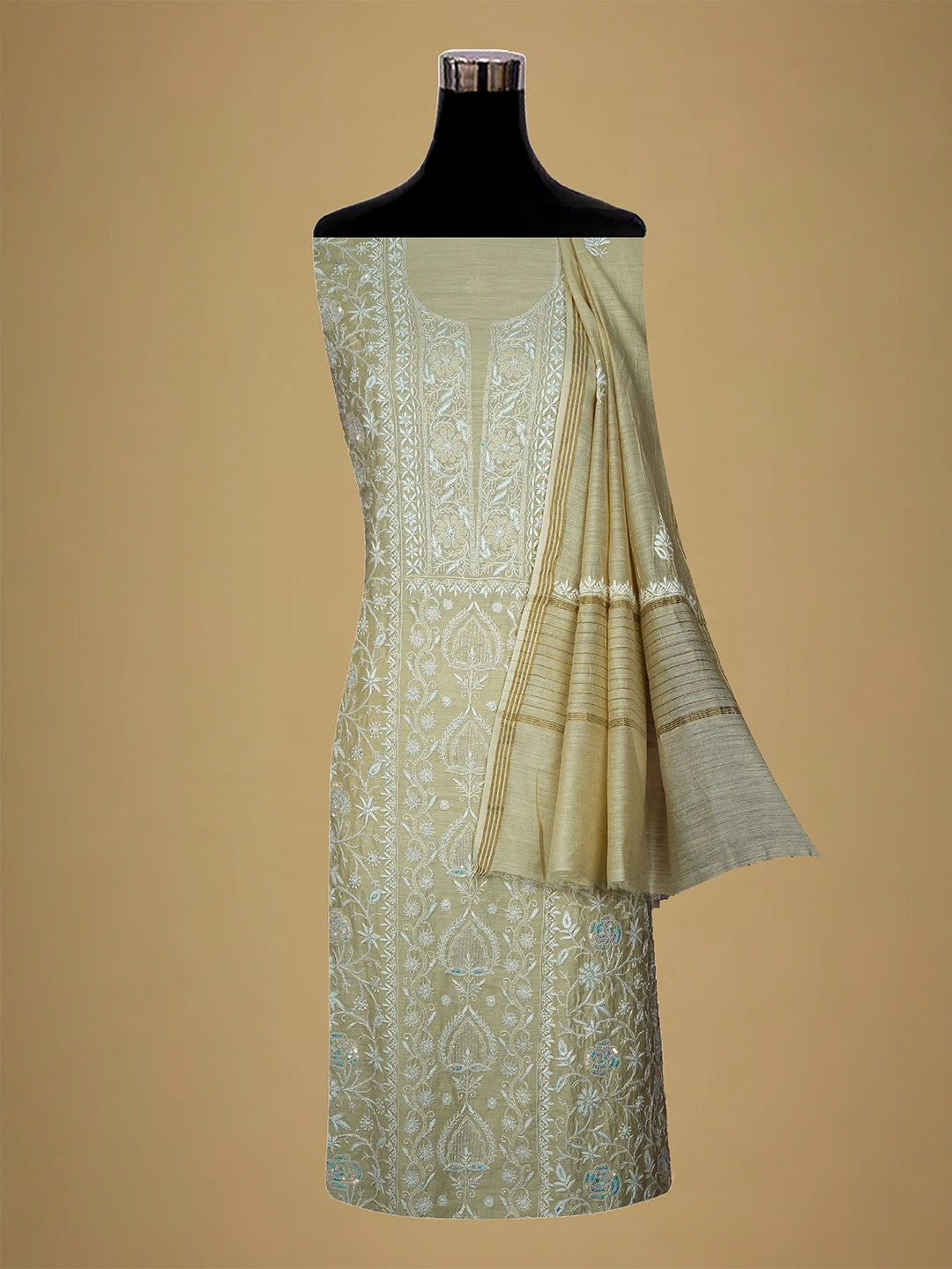 Ada Hand Embroidered Fawn Moonga Silk Lucknowi Chikankari Unstitched Kurta Dupatta Set With Cutdana Work 01A621921