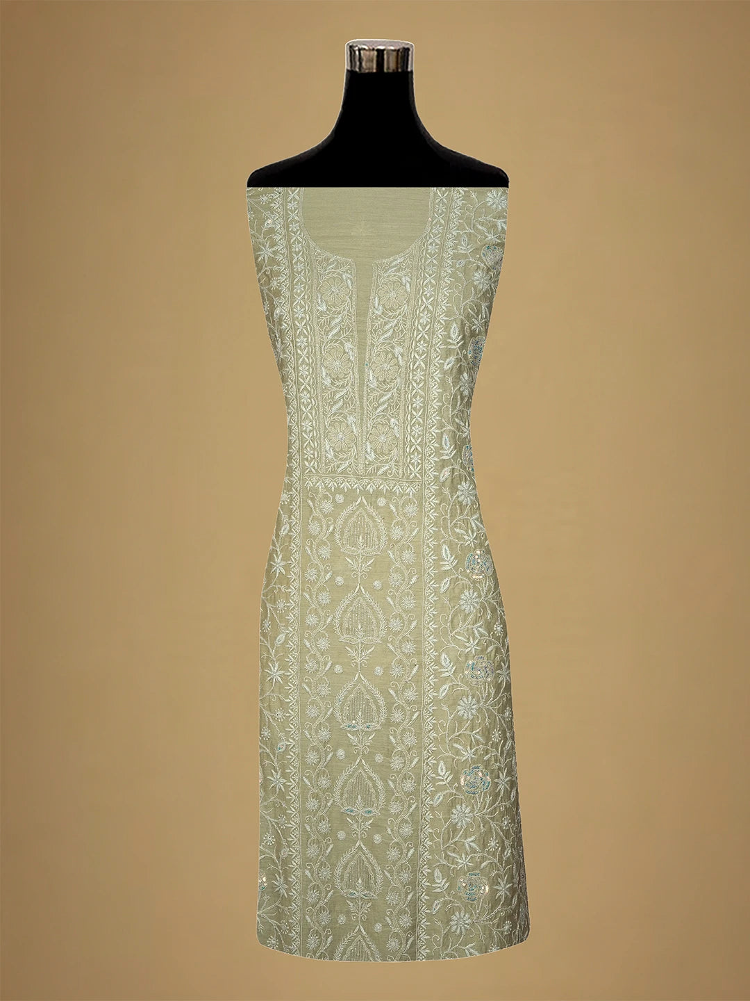 Ada Hand Embroidered Fawn Moonga Silk Lucknowi Chikankari Unstitched Kurta Dupatta Set With Cutdana Work 01A621921