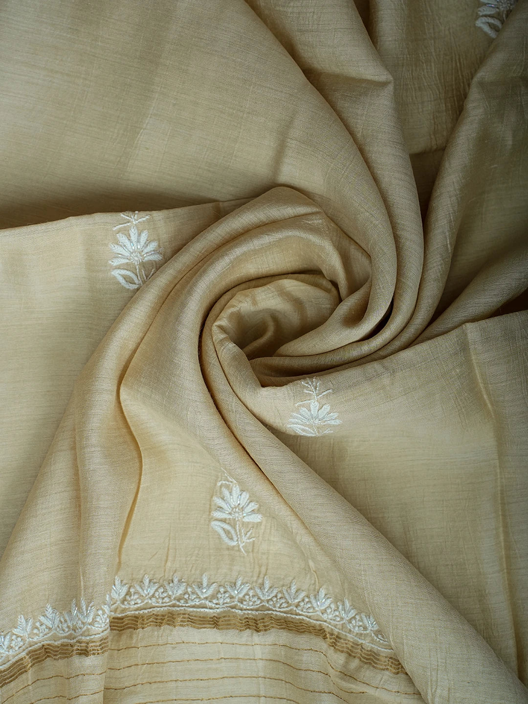 Ada Hand Embroidered Fawn Moonga Silk Lucknowi Chikankari Unstitched Kurta Dupatta Set With Cutdana Work 01A621921