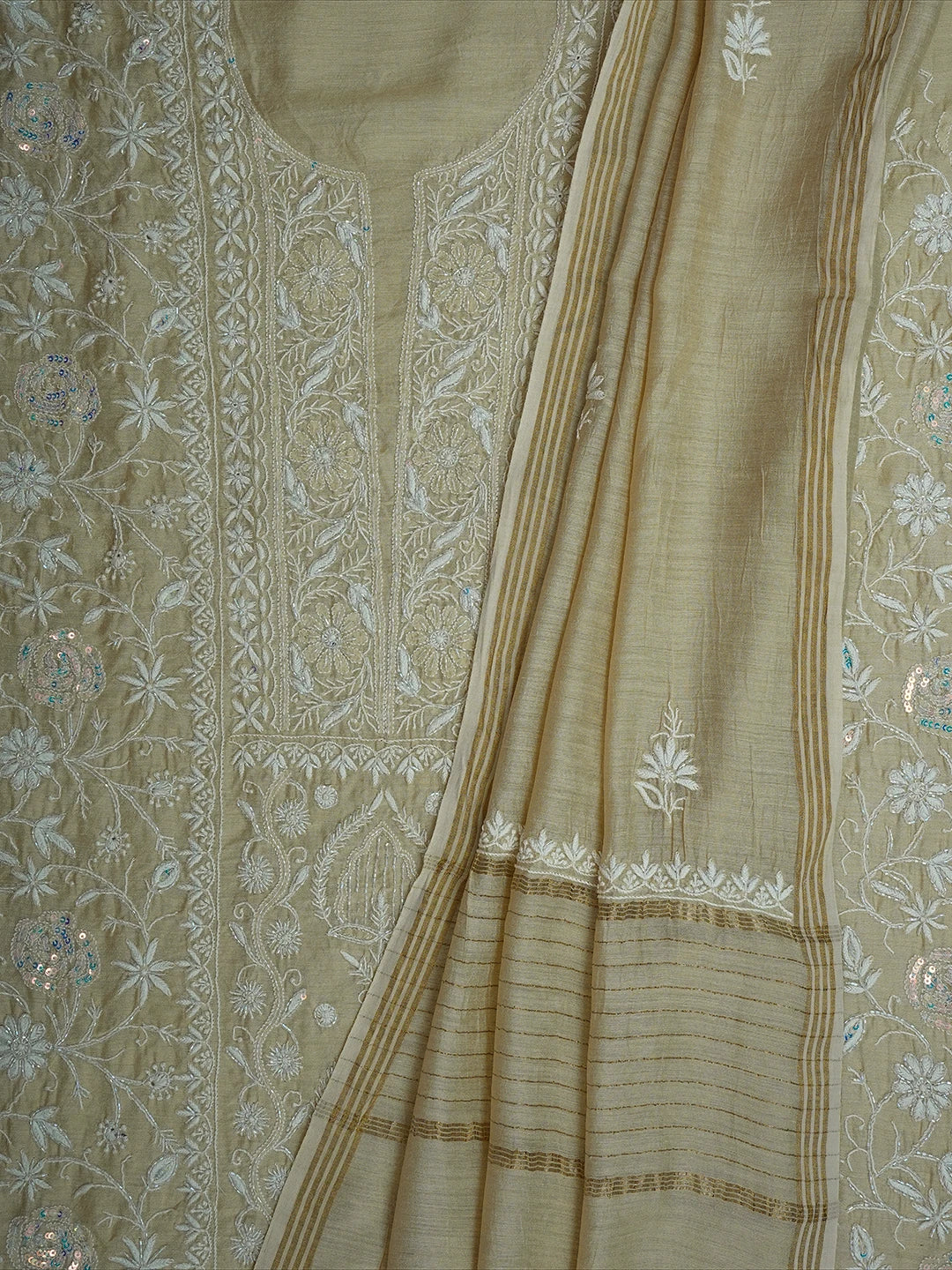 Ada Hand Embroidered Fawn Moonga Silk Lucknowi Chikankari Unstitched Kurta Dupatta Set With Cutdana Work 01A621921