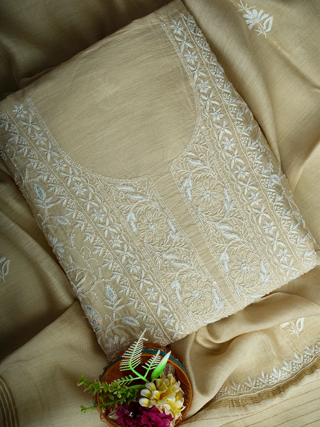 Ada Hand Embroidered Fawn Moonga Silk Lucknowi Chikankari Unstitched Kurta Dupatta Set With Cutdana Work 01A621921