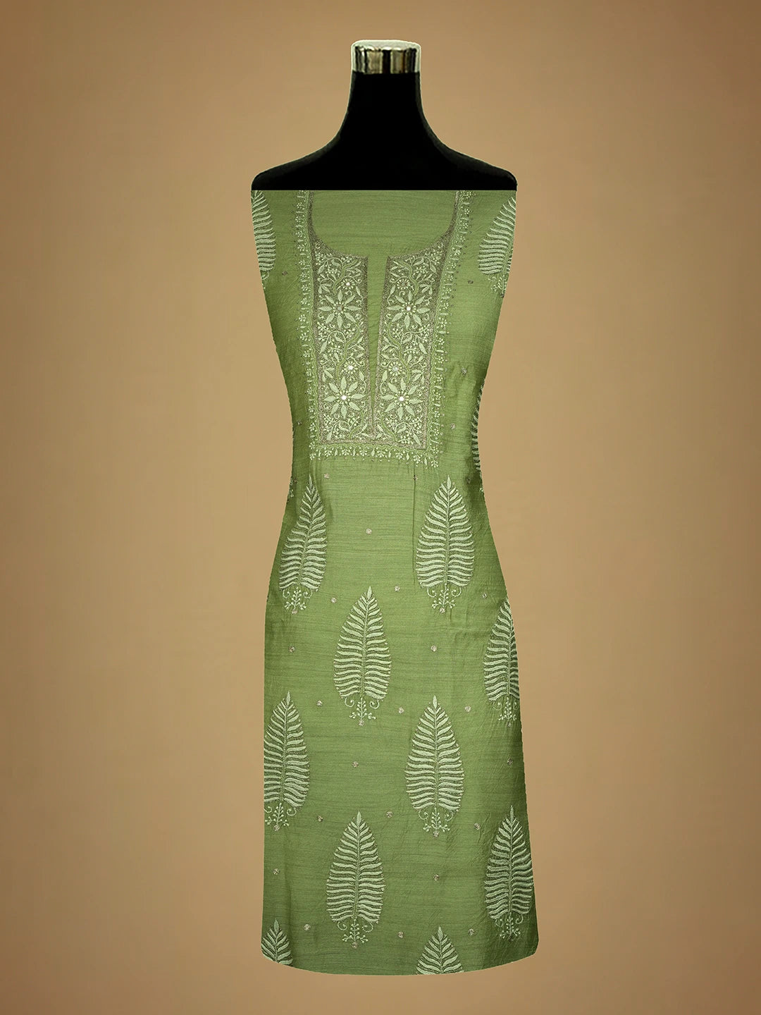 Ada Hand Embroidered Green Moonga Silk Lucknowi Chikankari Unstitched Kurta Dupatta Set With Zari Work 01A526048