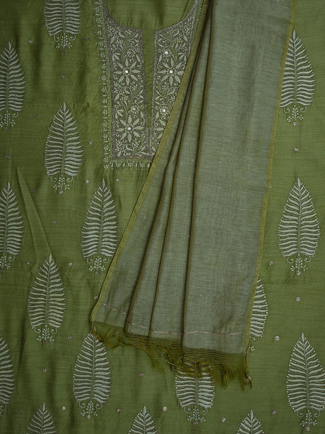 Ada Hand Embroidered Green Moonga Silk Lucknowi Chikankari Unstitched Kurta Dupatta Set With Zari Work 01A526048