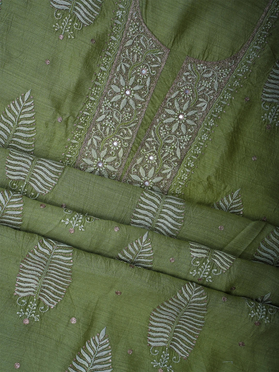 Ada Hand Embroidered Green Moonga Silk Lucknowi Chikankari Unstitched Kurta Dupatta Set With Zari Work 01A526048