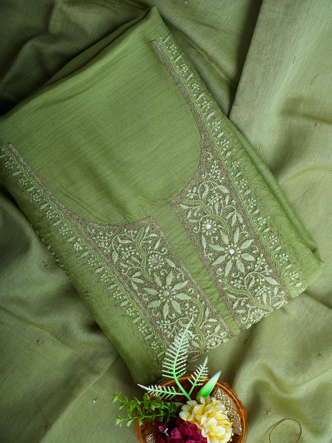 Ada Hand Embroidered Green Moonga Silk Lucknowi Chikankari Unstitched Kurta Dupatta Set With Zari Work 01A526048