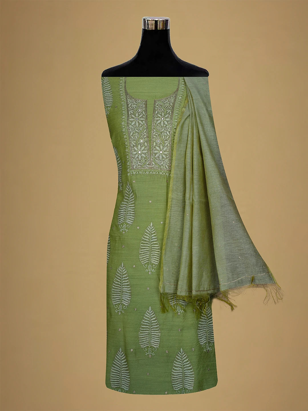 Ada Hand Embroidered Green Moonga Silk Lucknowi Chikankari Unstitched Kurta Dupatta Set With Zari Work 01A526048