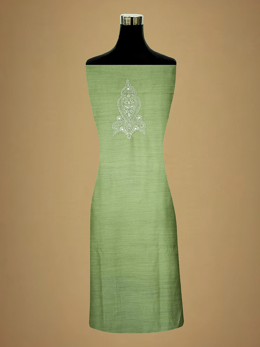 Ada Hand Embroidered Green Moonga Silk Lucknowi Chikankari Unstitched Kurta Dupatta Set With Zari Work 01A526048