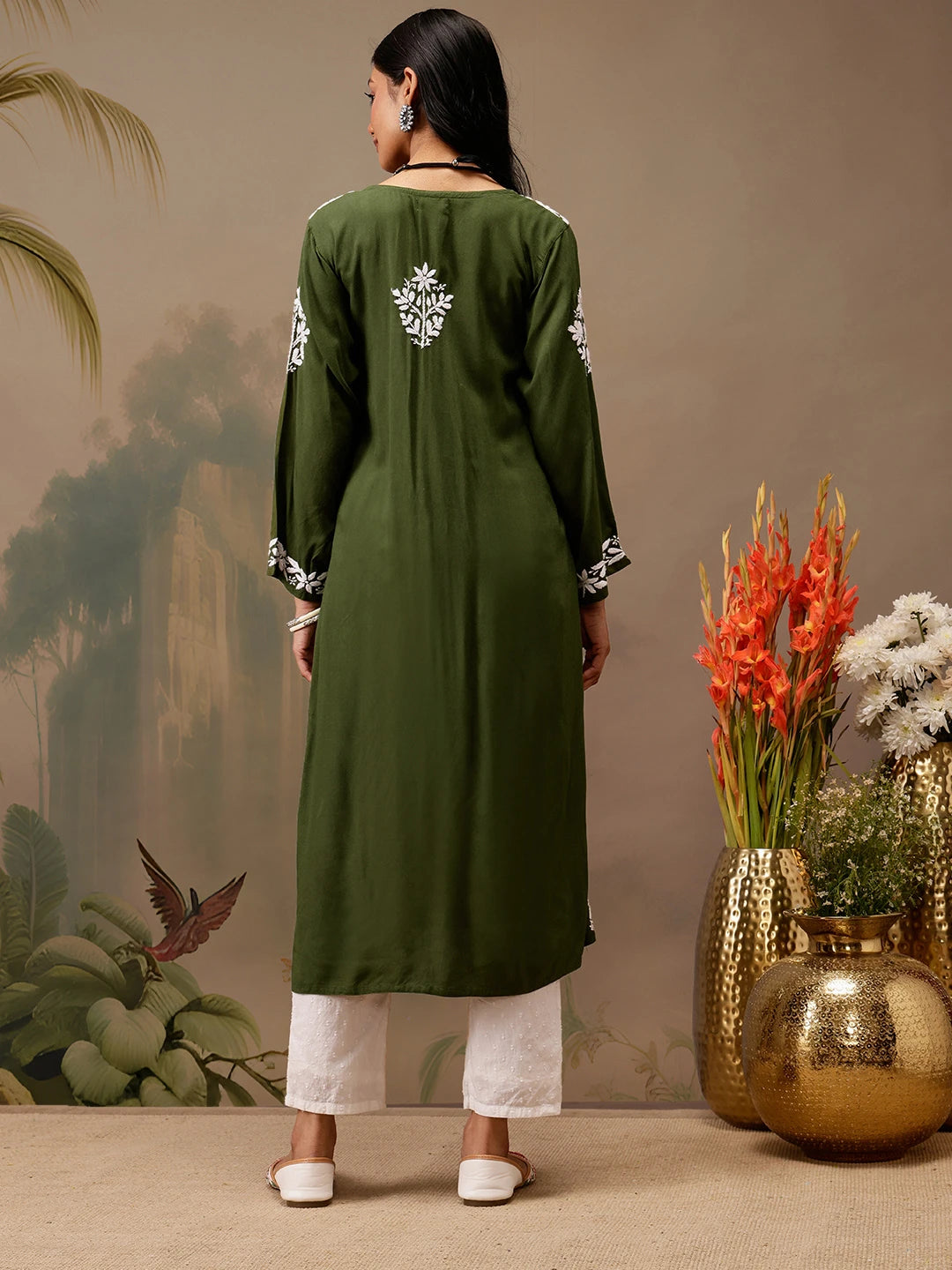 Ada Hand Embroidered Olive Green Rayon Lucknowi Chikankari Straight Kurta A411736
