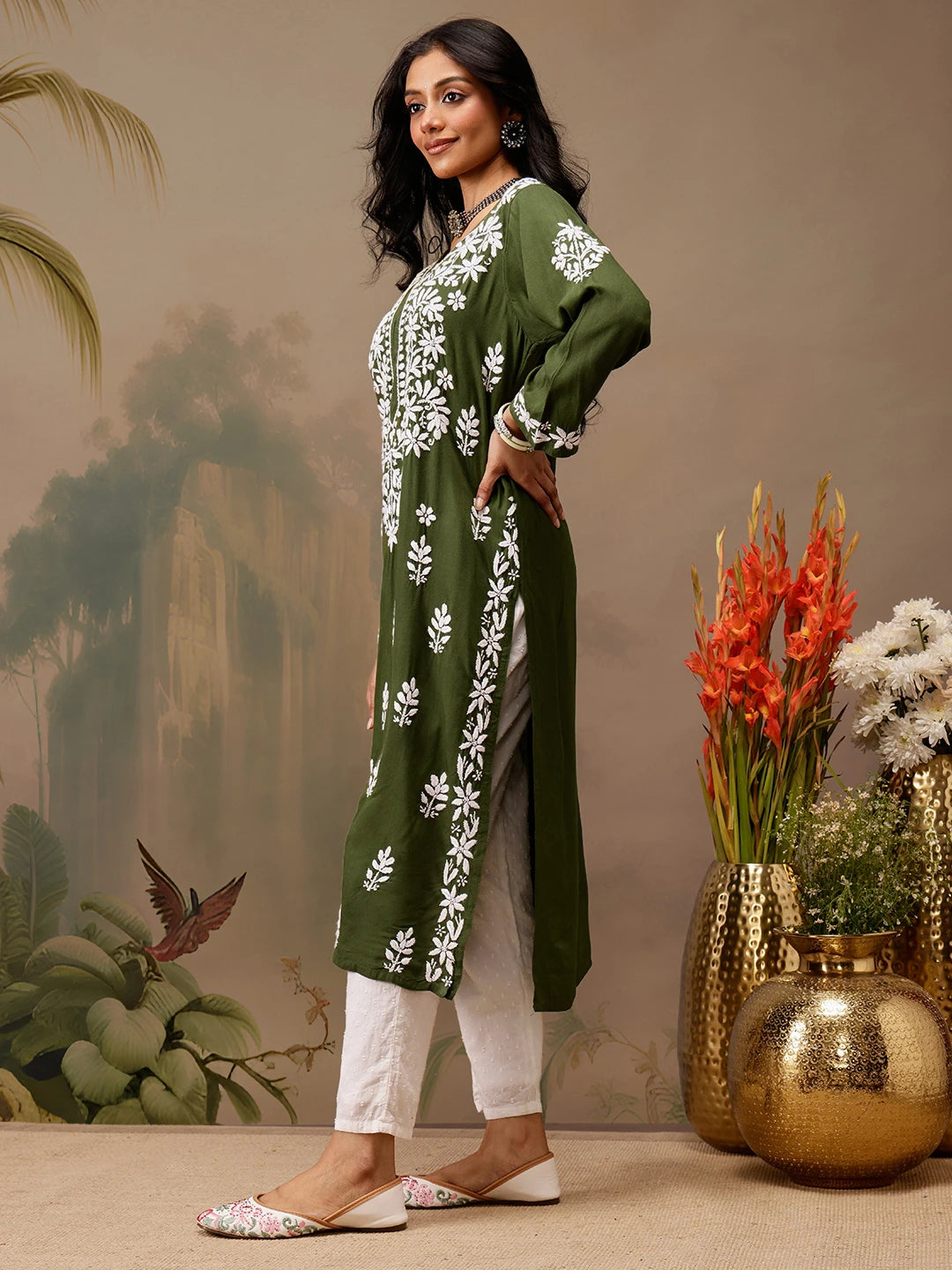 Ada Hand Embroidered Olive Green Rayon Lucknowi Chikankari Straight Kurta A411736