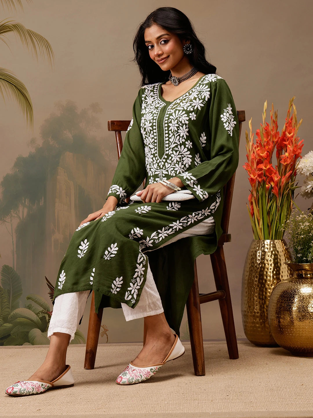 Ada Hand Embroidered Olive Green Rayon Lucknowi Chikankari Straight Kurta A411736