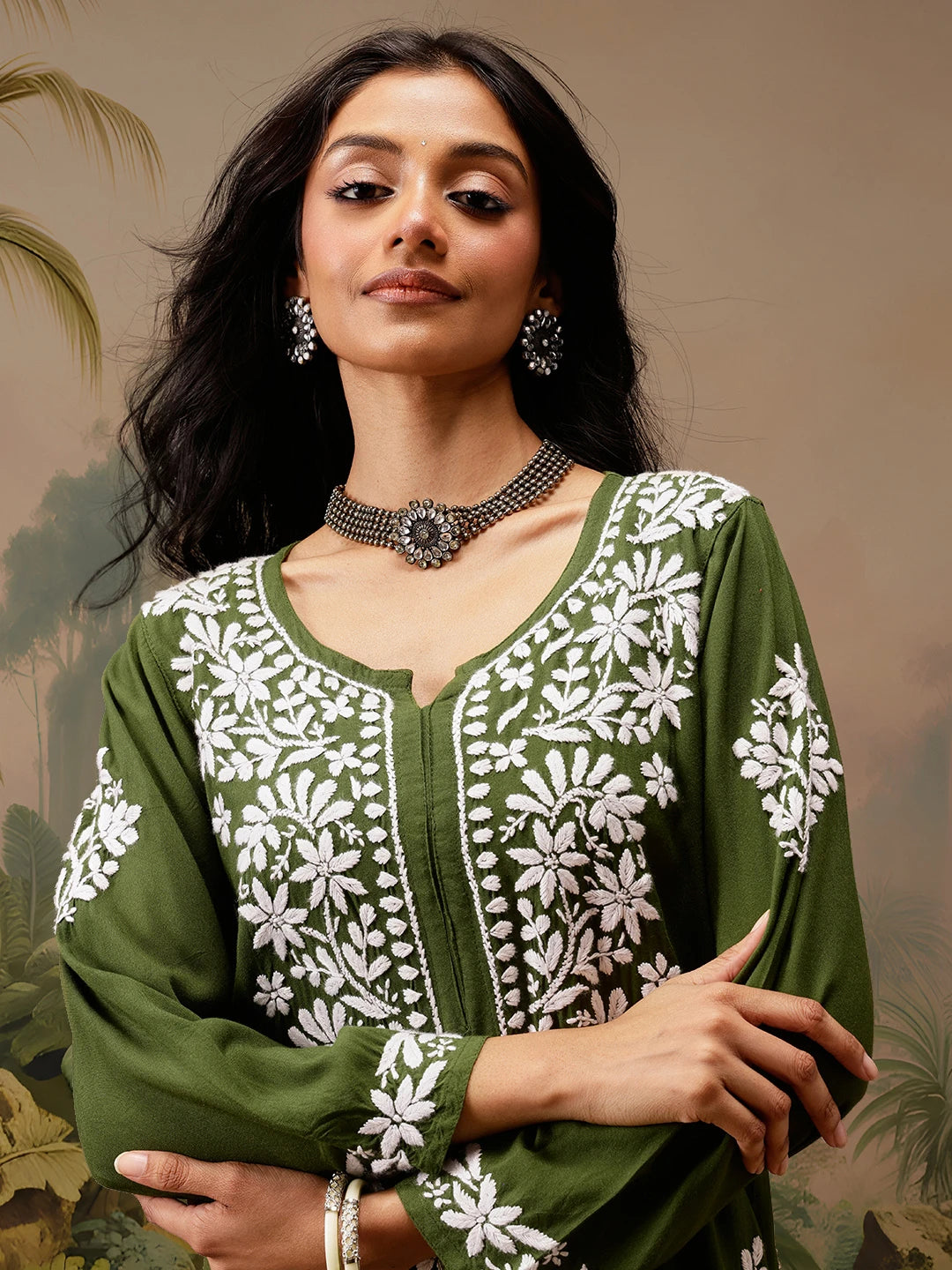 Ada Hand Embroidered Olive Green Rayon Lucknowi Chikankari Straight Kurta A411736