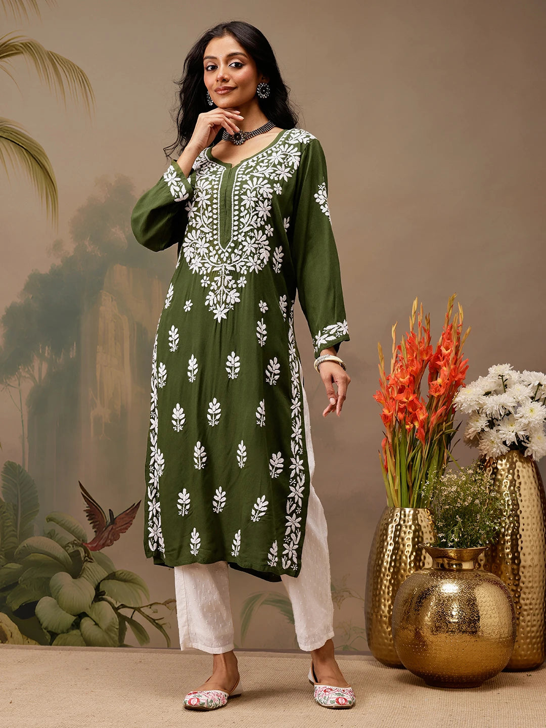 Ada Hand Embroidered Olive Green Rayon Lucknowi Chikankari Straight Kurta A411736
