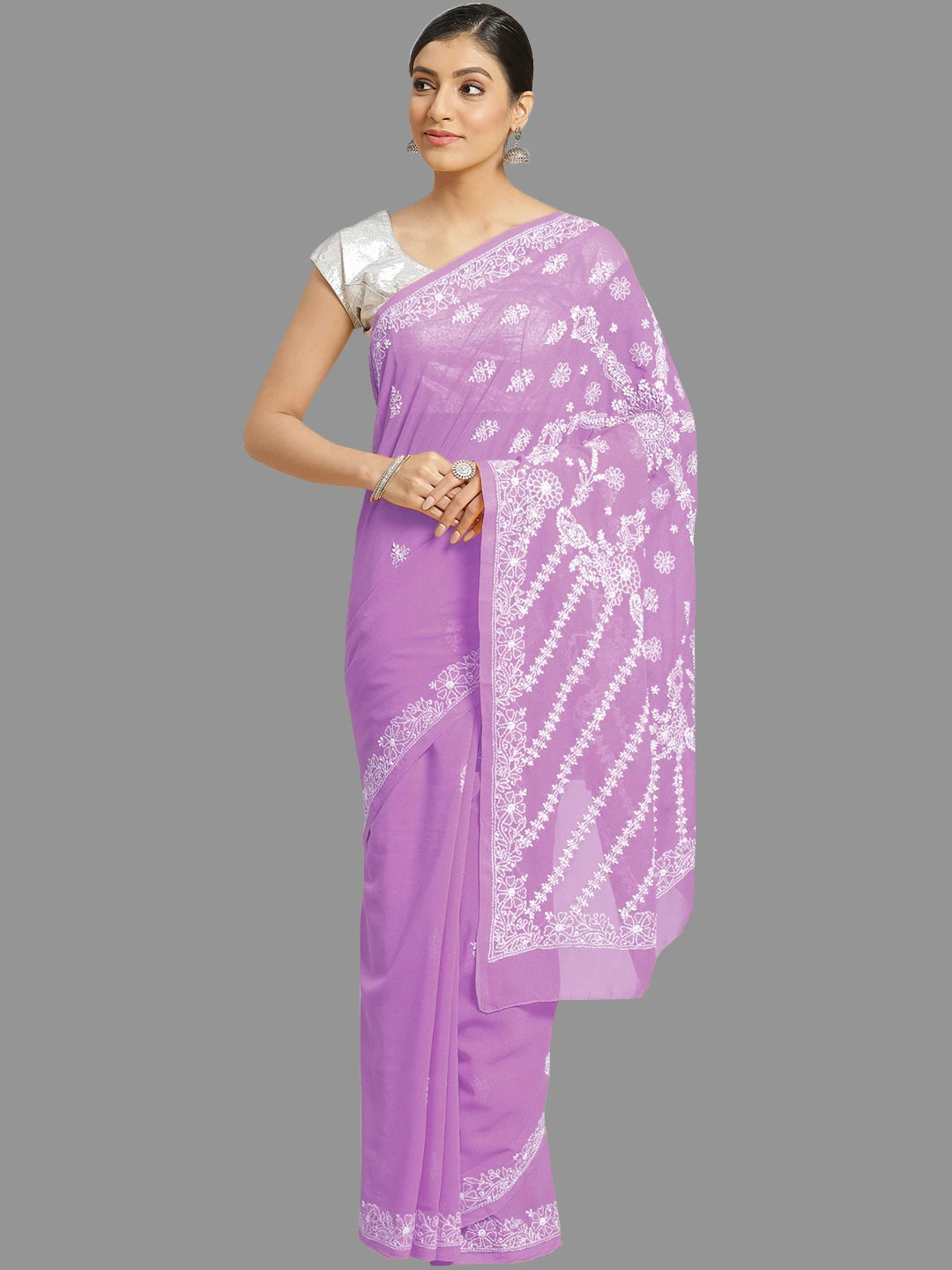 Ada Hand Embroidered Mauve Georgette Lucknowi Chikankari Saree With Blouse A130253