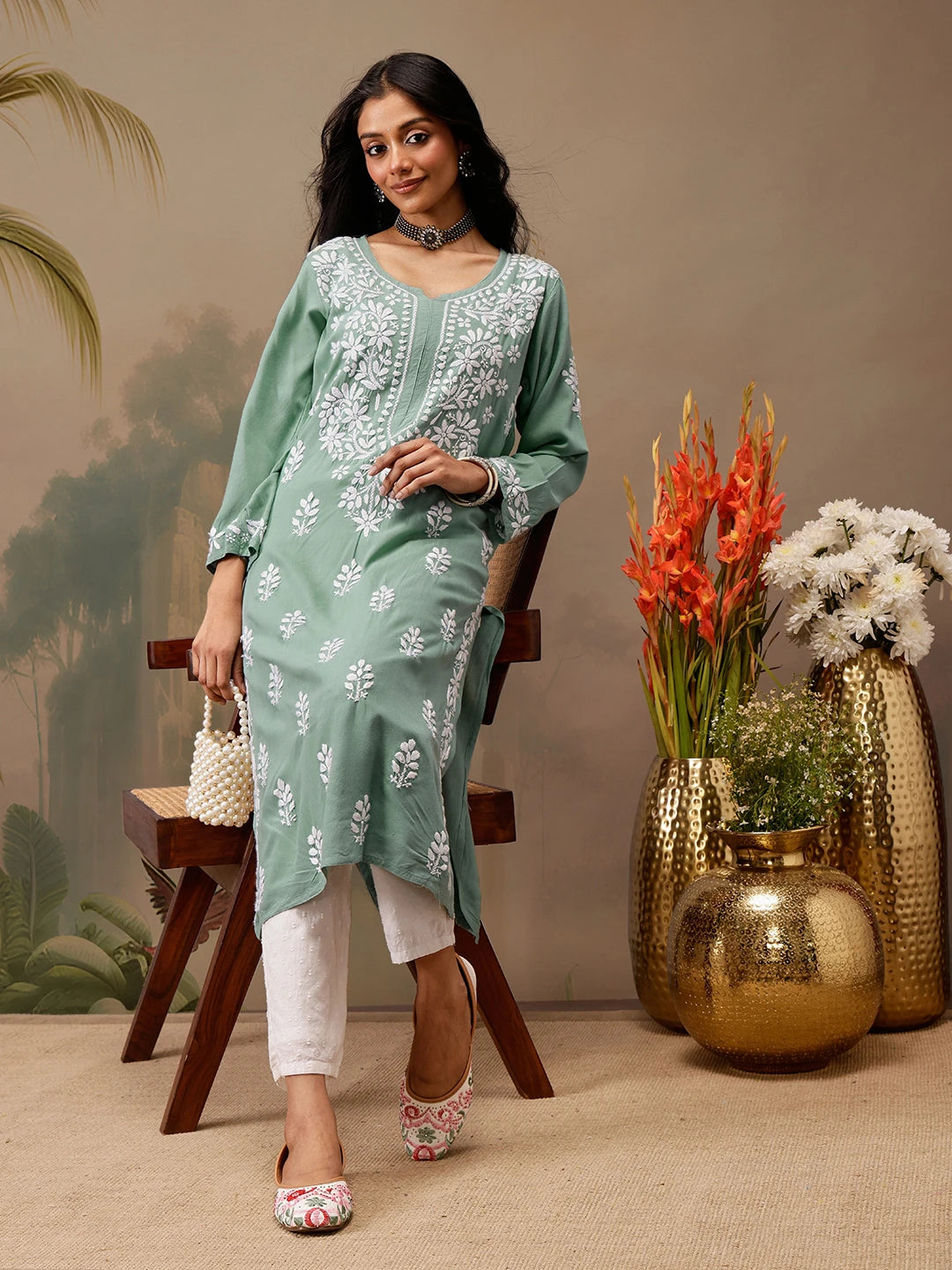 Ada Hand Embroidered Teal Green Rayon Lucknowi Chikankari Straight Kurta A411734