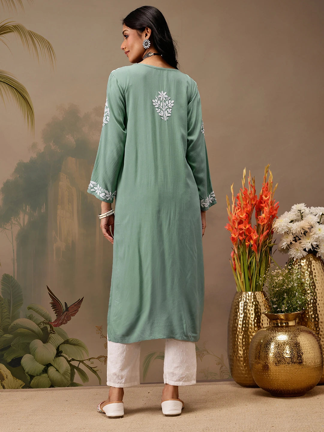 Ada Hand Embroidered Teal Green Rayon Lucknowi Chikankari Straight Kurta A411734
