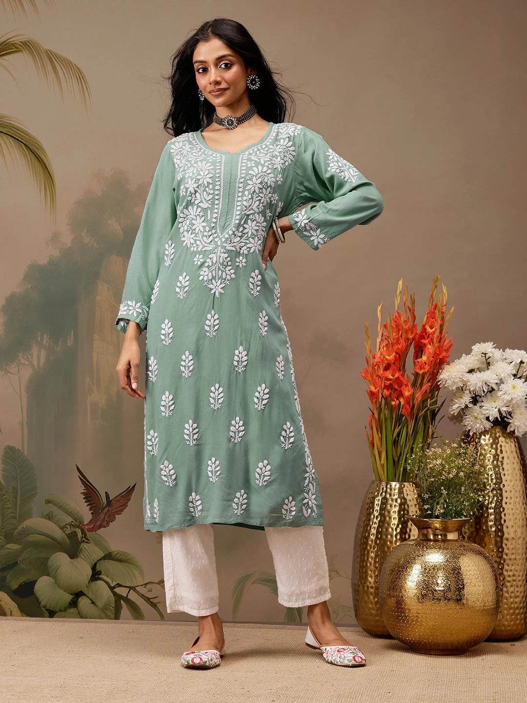 Ada Hand Embroidered Teal Green Rayon Lucknowi Chikankari Straight Kurta A411734
