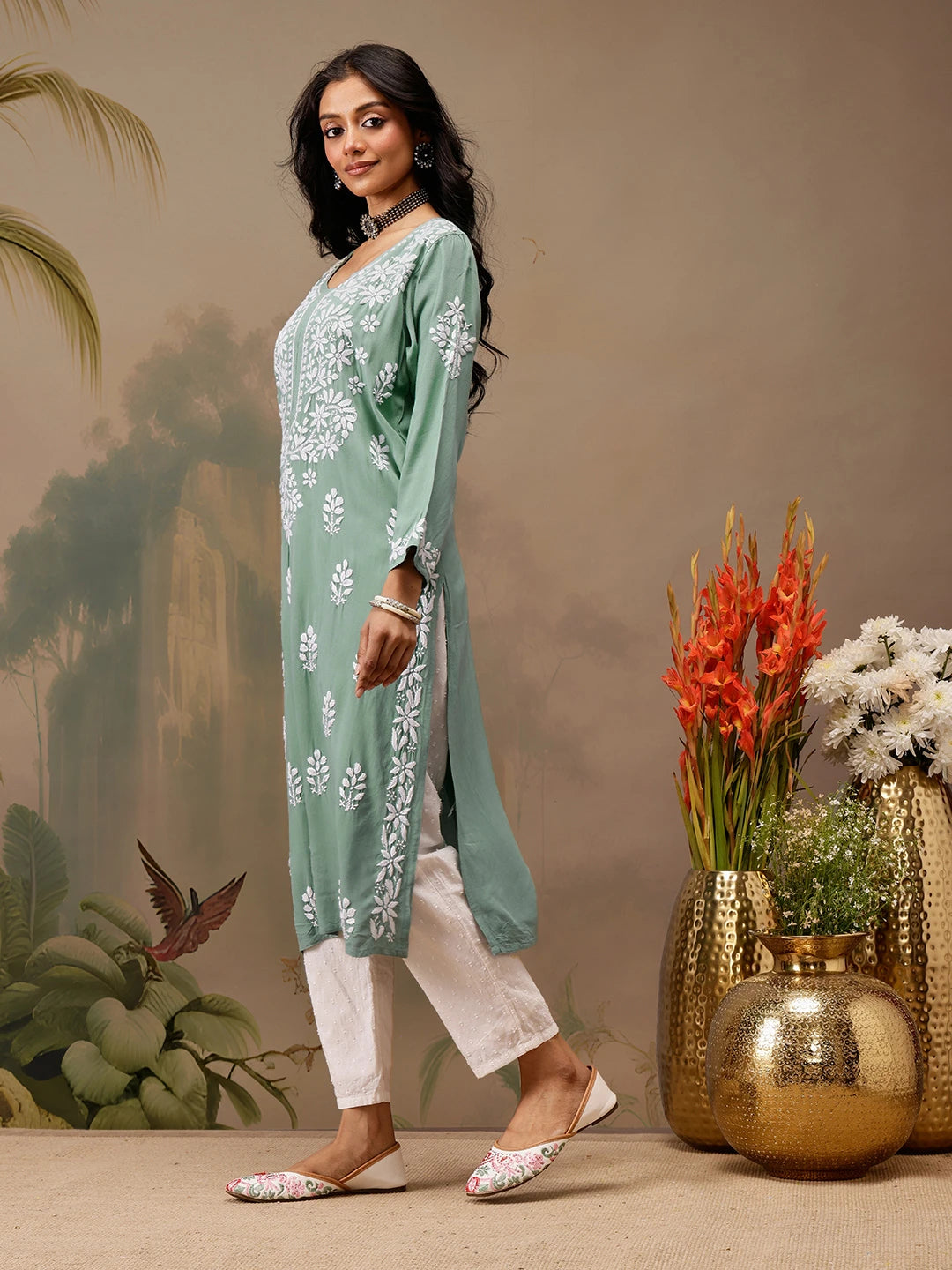 Ada Hand Embroidered Teal Green Rayon Lucknowi Chikankari Straight Kurta A411734