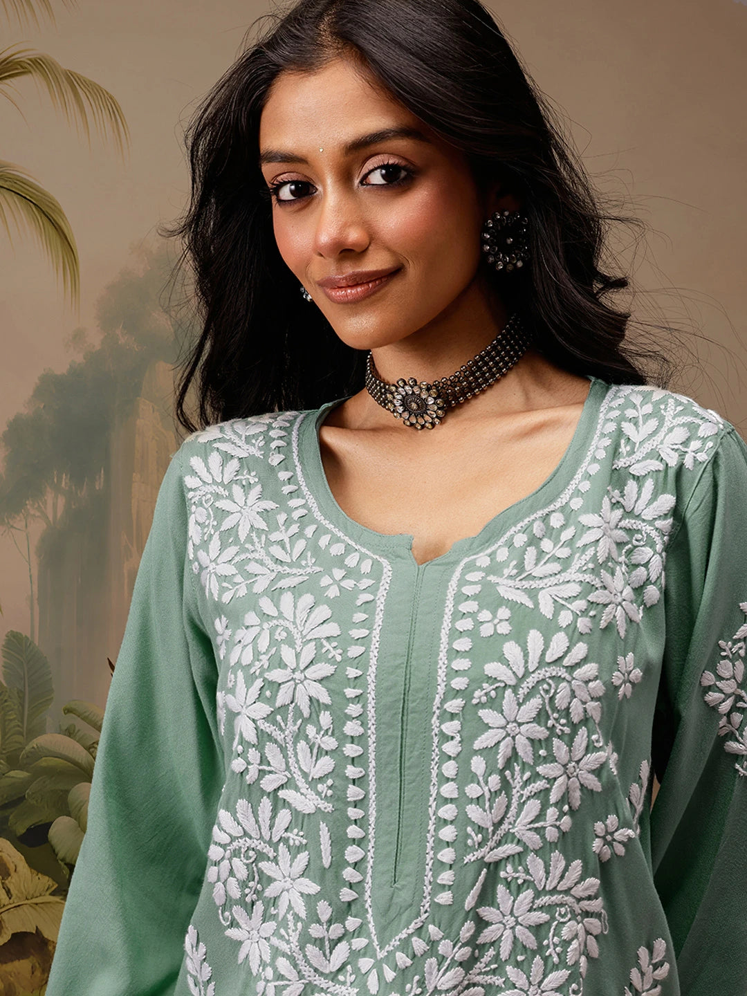 Ada Hand Embroidered Teal Green Rayon Lucknowi Chikankari Straight Kurta A411734
