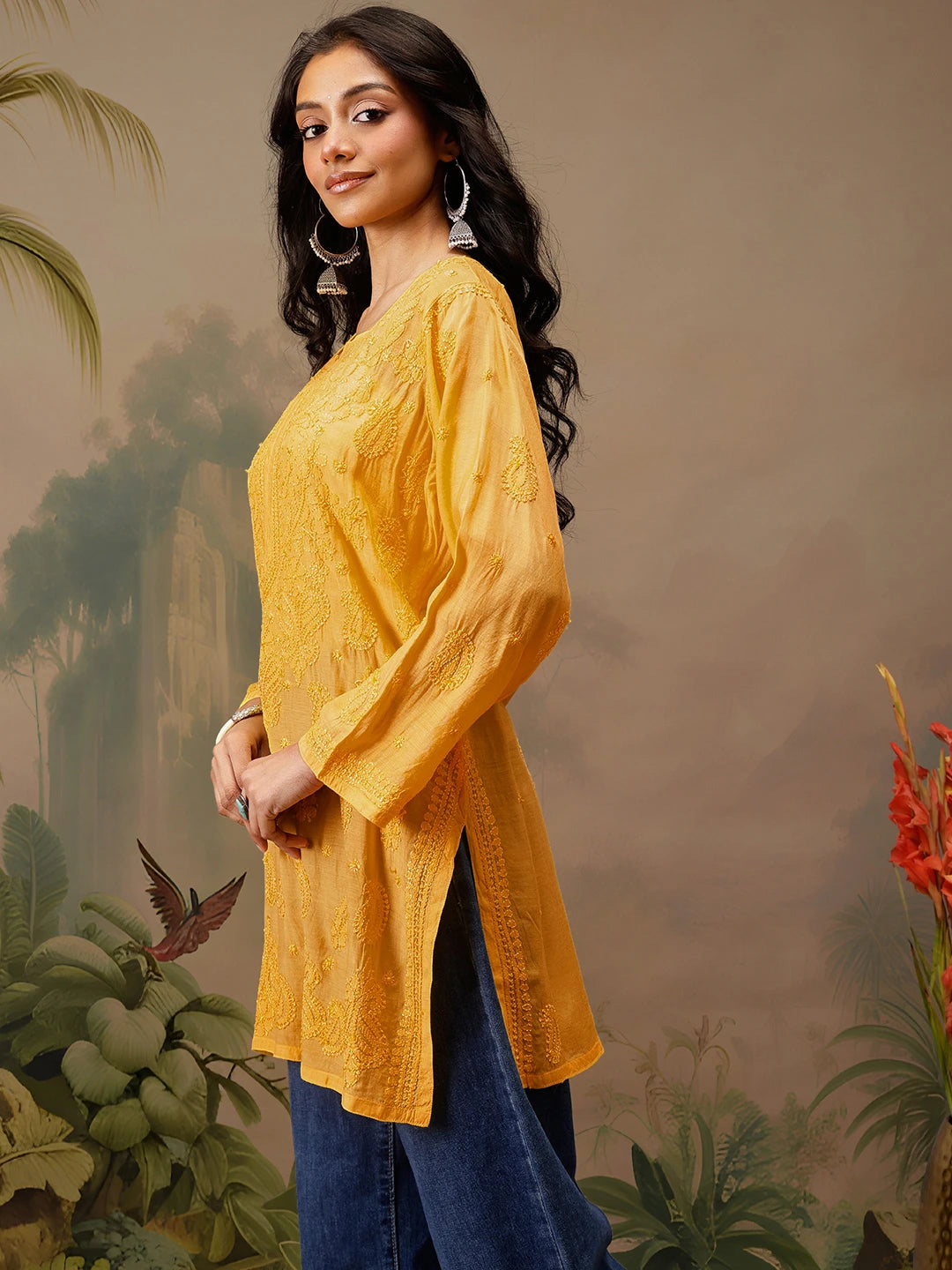 Ada Hand Embroidered Yellow Muslin Lucknowi Chikankari Short Kurti A911475