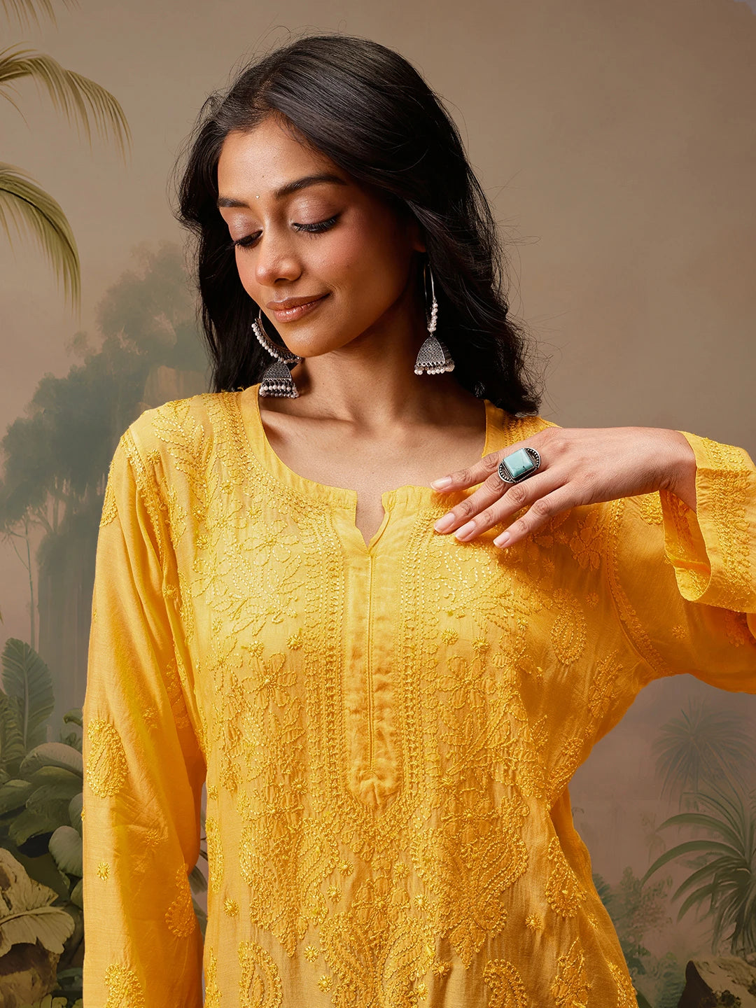 Ada Hand Embroidered Yellow Muslin Lucknowi Chikankari Short Kurti A911475